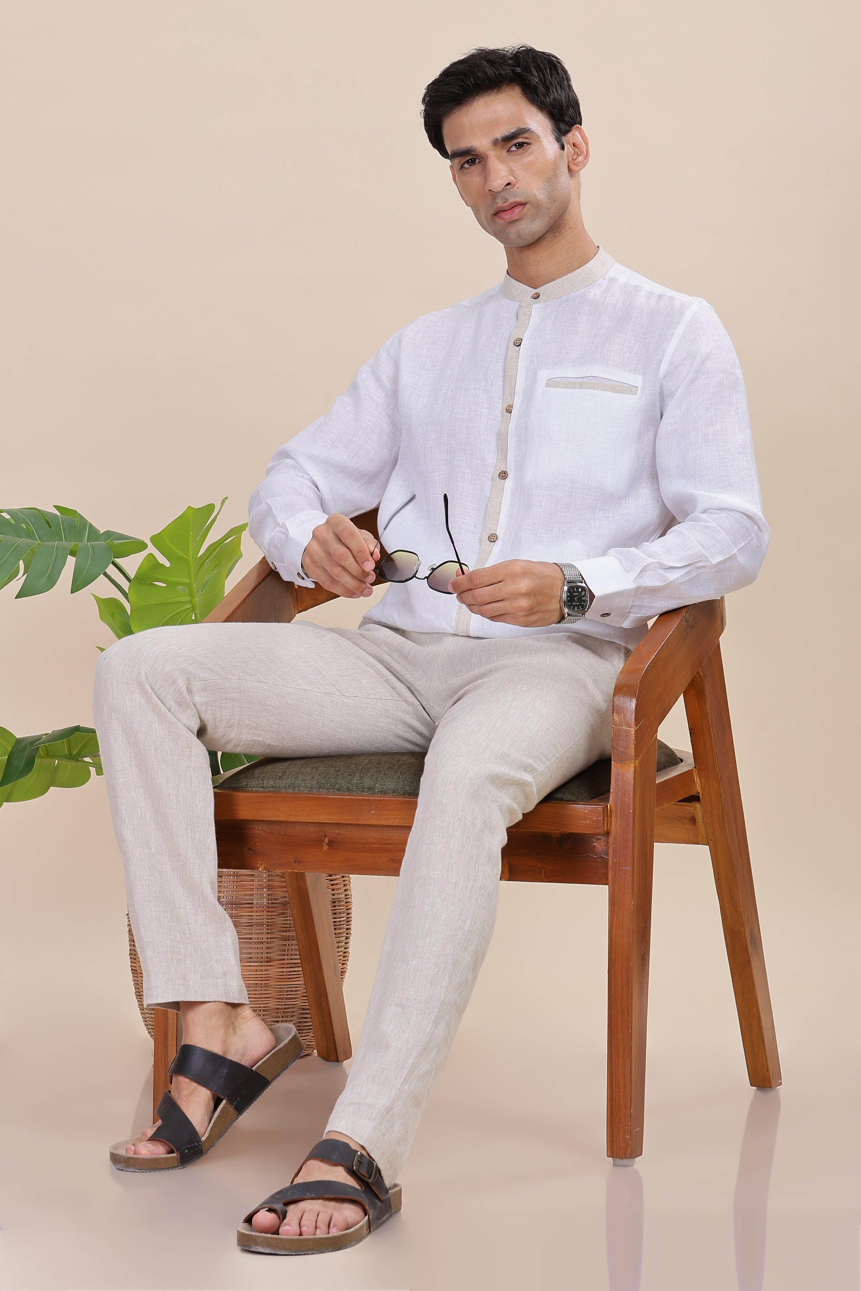 JULIEN - Elegance Redefined 100% Pure Linen White & Natural Shirt