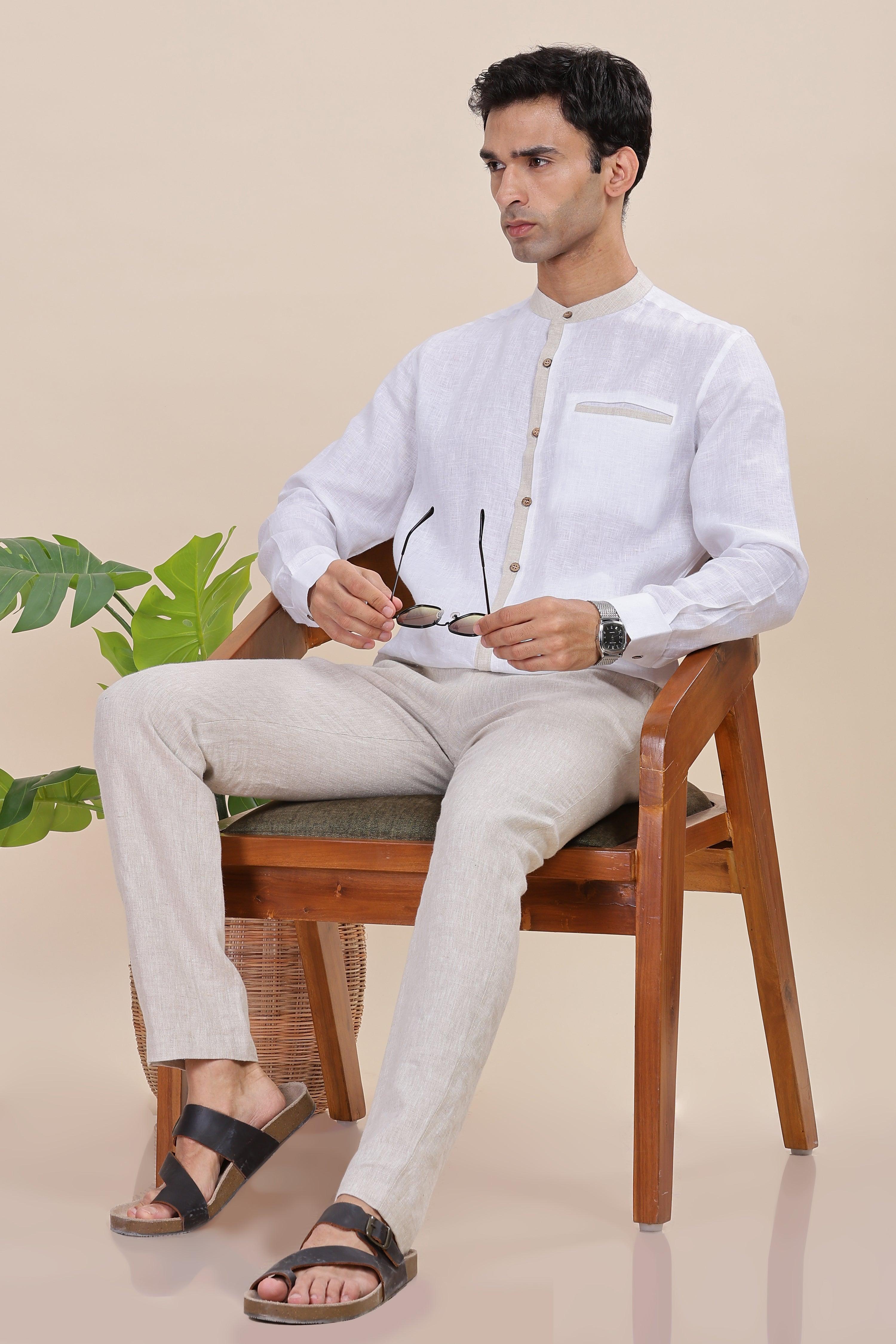 JULIEN - Elegance Redefined 100% Pure Linen White & Natural Shirt