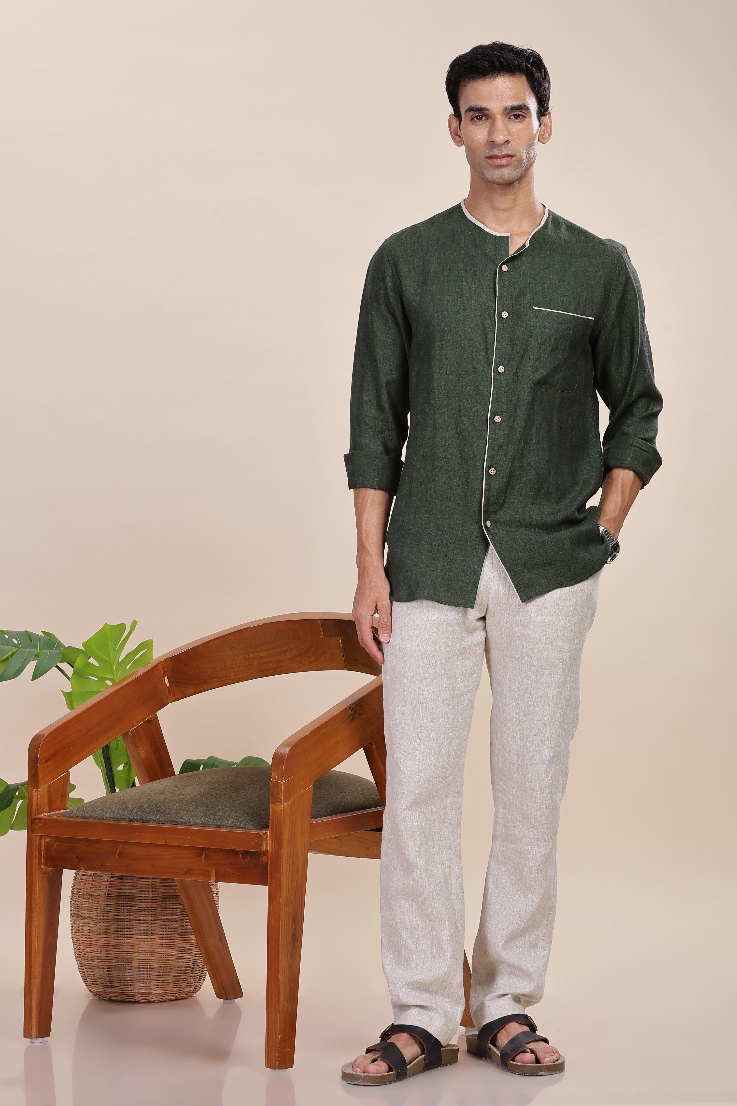XAVI - Timeless Elegance Pure Linen Dark Green Chambray Shirt With Classic Round Neck