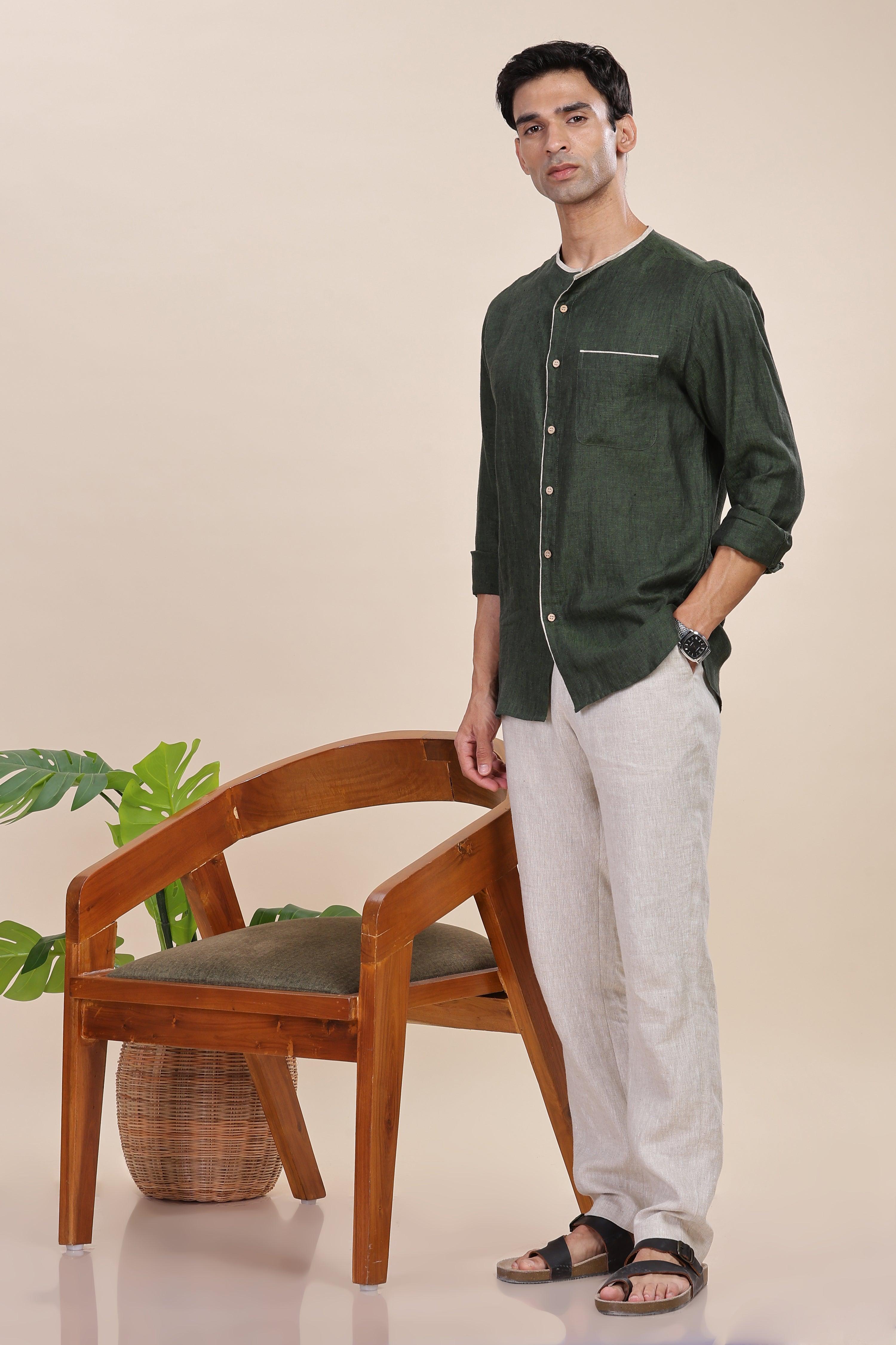 XAVI - Timeless Elegance Pure Linen Dark Green Chambray Shirt With Classic Round Neck