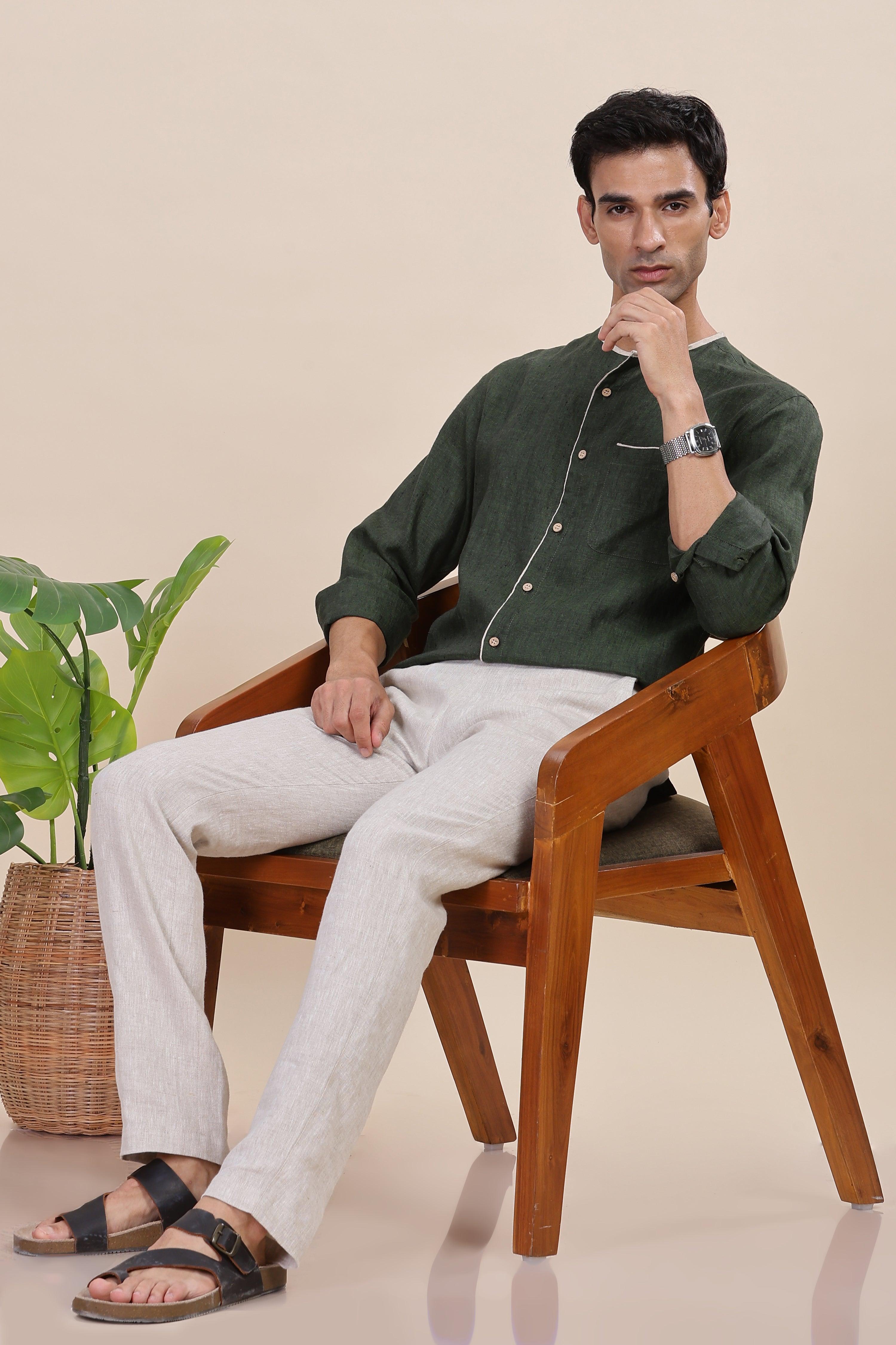 XAVI - Timeless Elegance Pure Linen Dark Green Chambray Shirt With Classic Round Neck