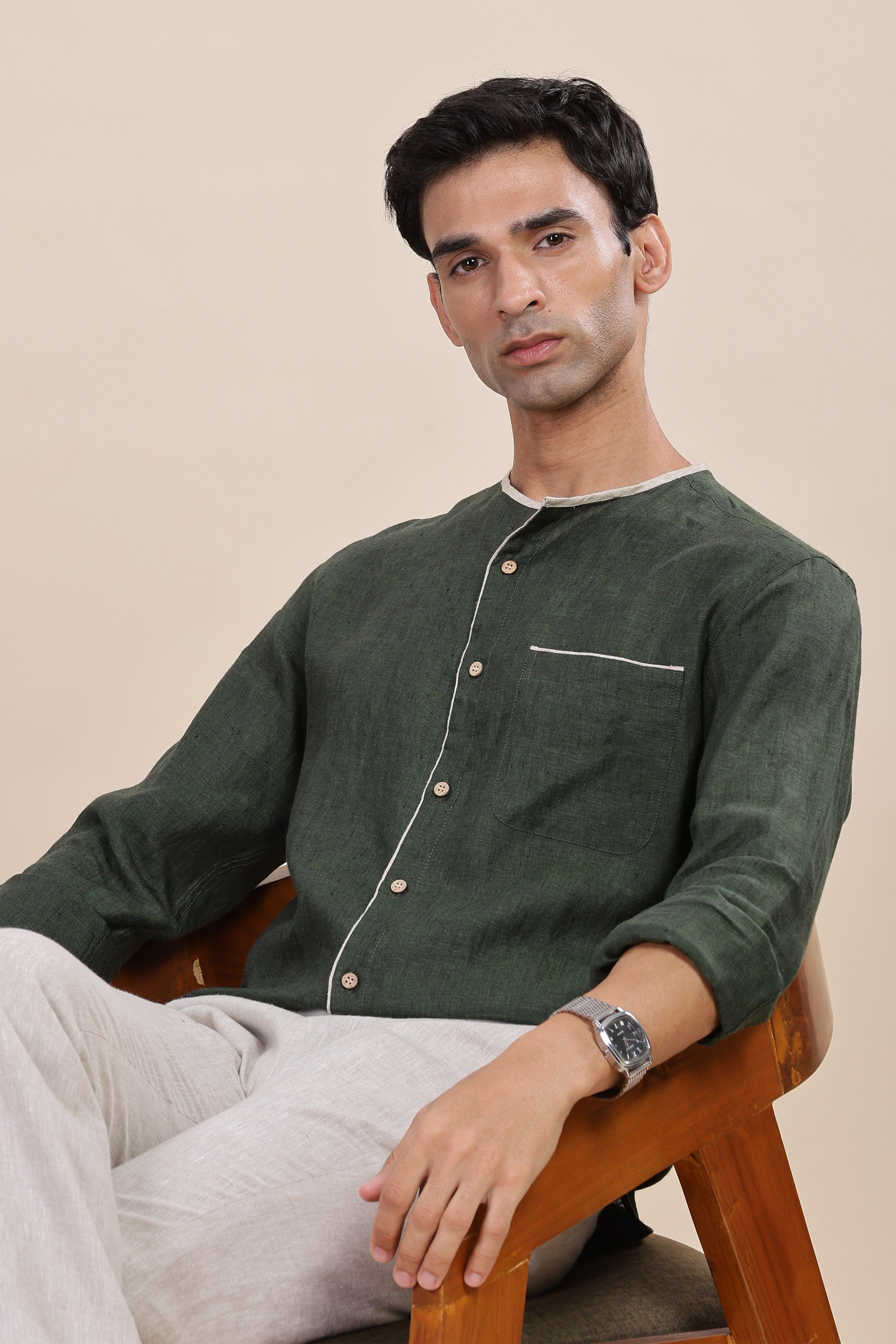 XAVI - Timeless Elegance Pure Linen Dark Green Chambray Shirt With Classic Round Neck