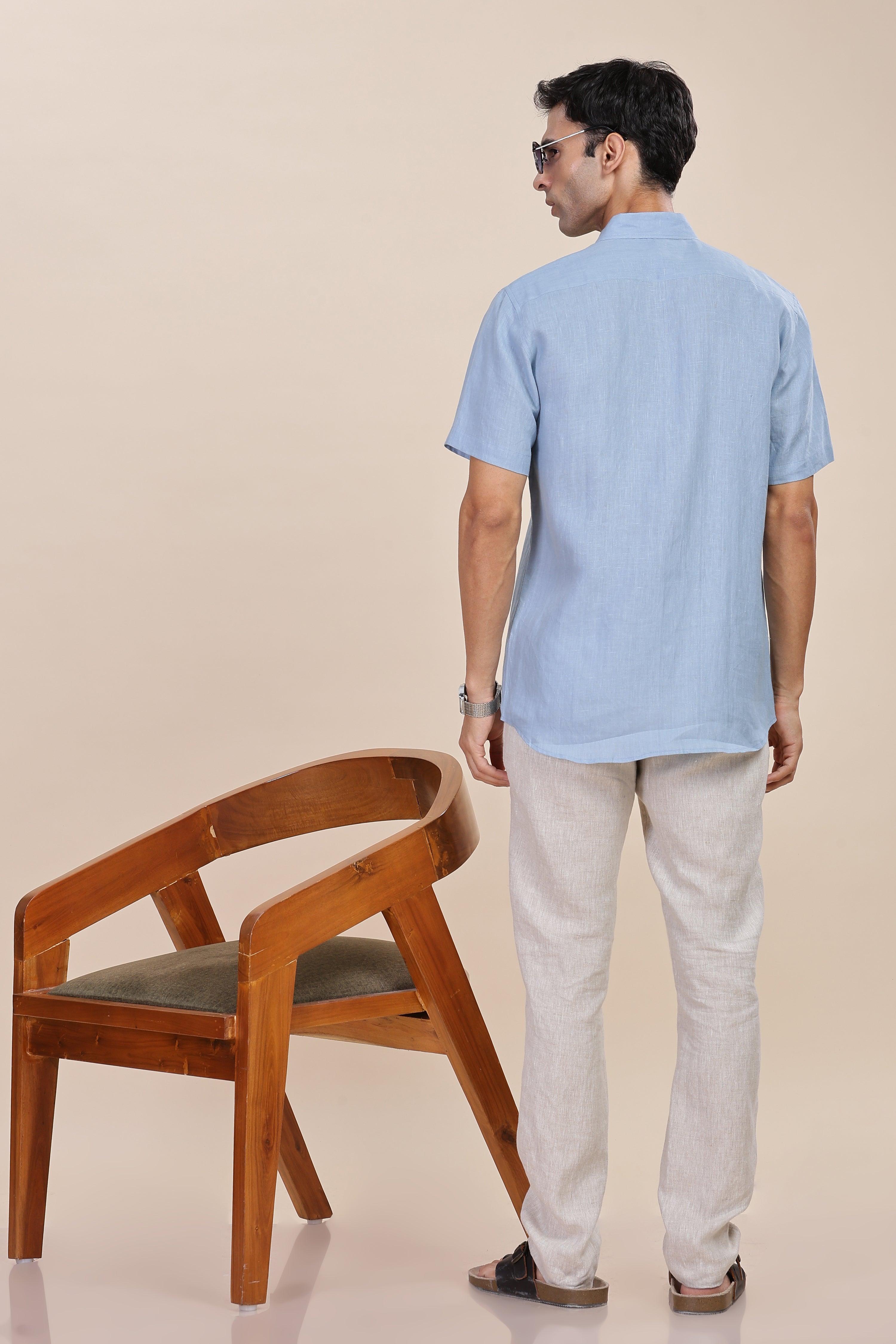 MARK Short Sleeves - 100% Pure Linen Regular Collar Light Blue Grey Shirt