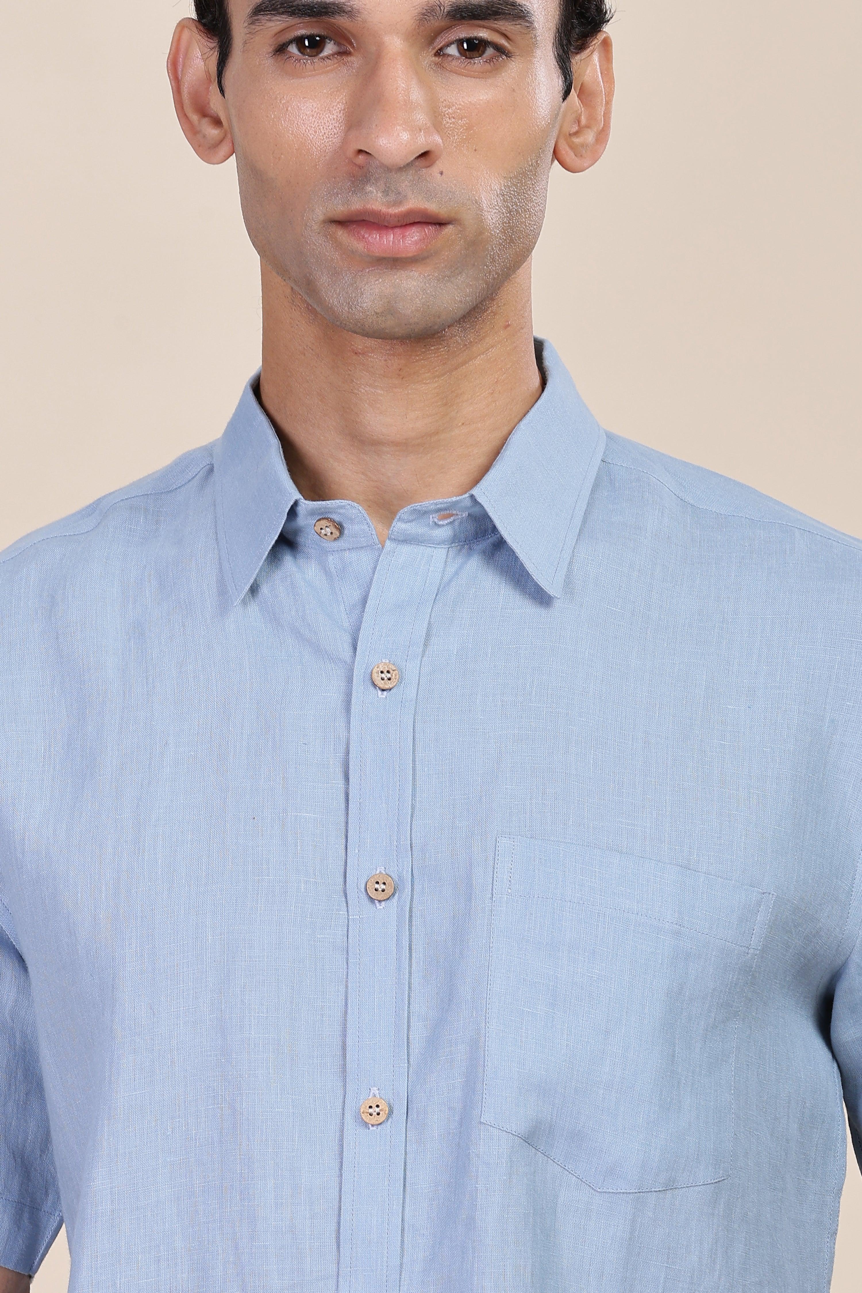 MARK Short Sleeves - 100% Pure Linen Regular Collar Light Blue Grey Shirt