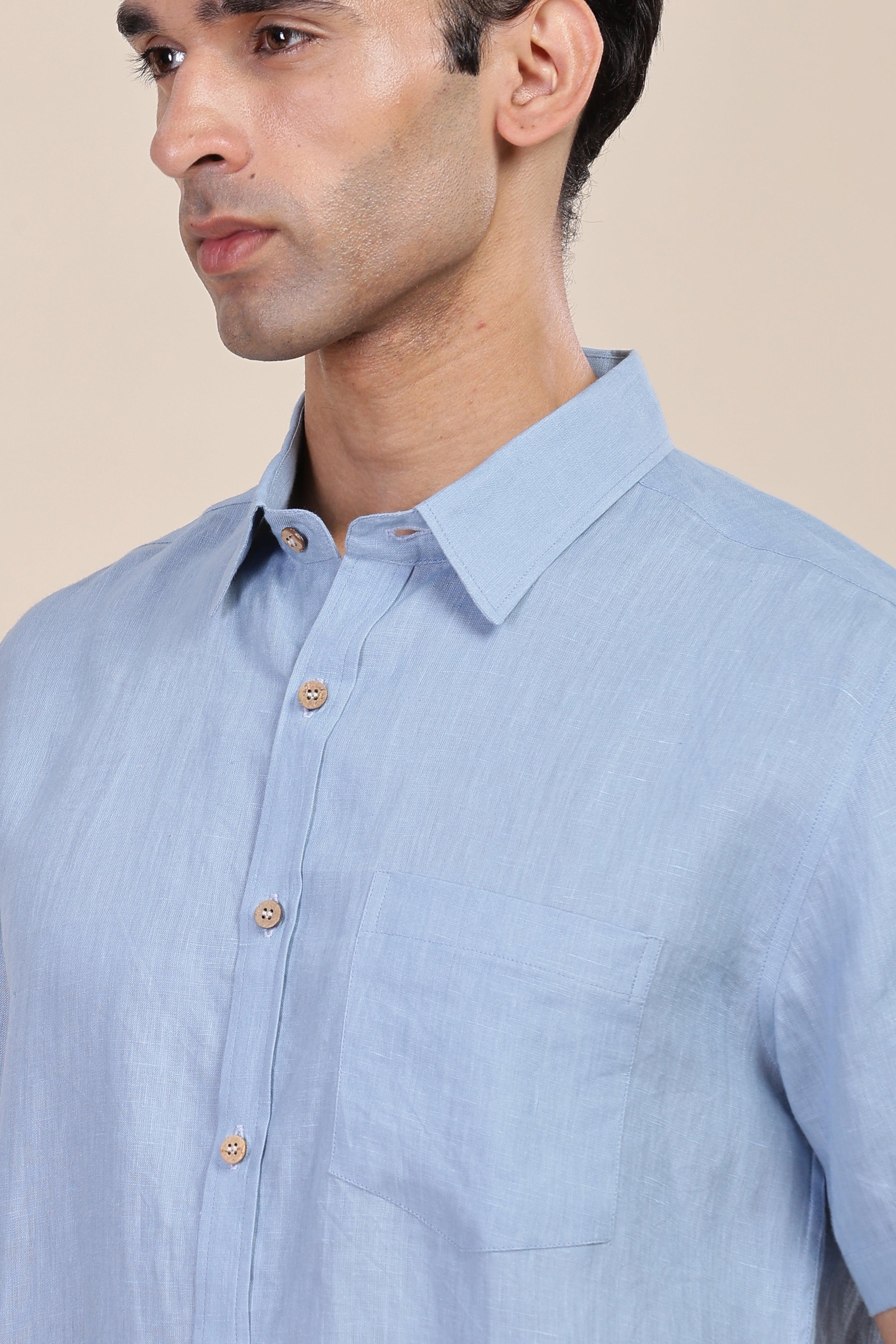 MARK Short Sleeves - 100% Pure Linen Regular Collar Light Blue Grey Shirt