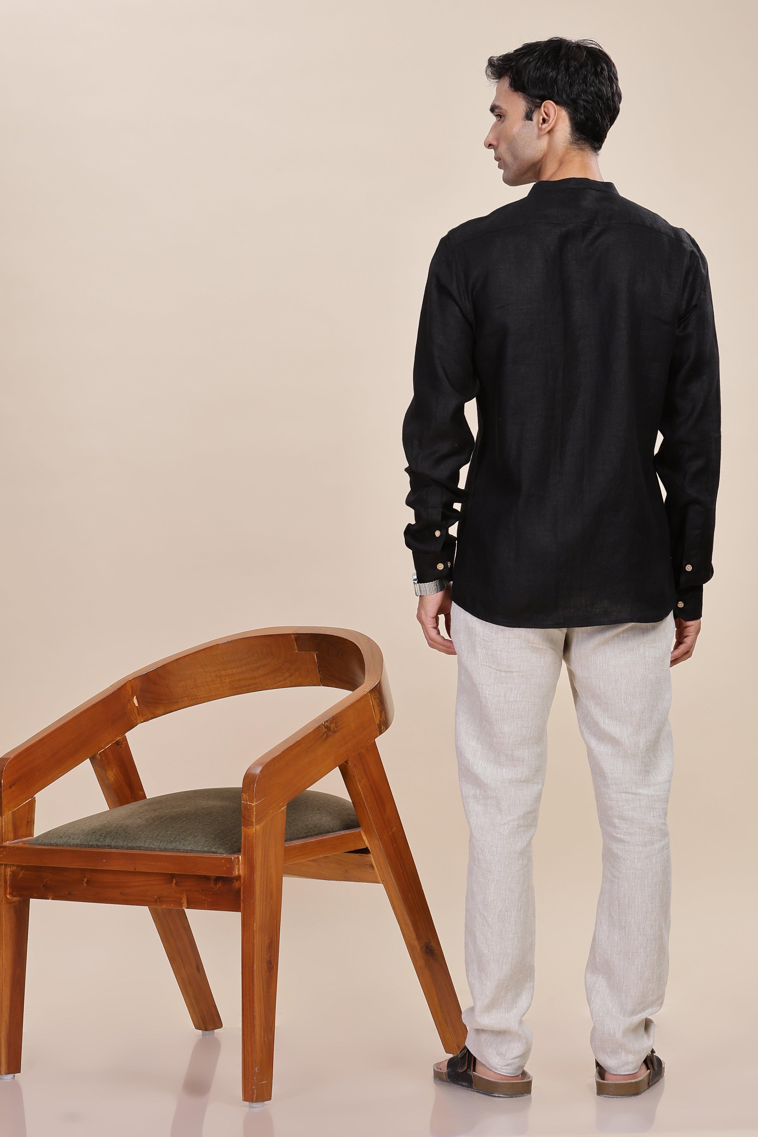 HAN - Pure Linen Mandarin Collar Black Shirt