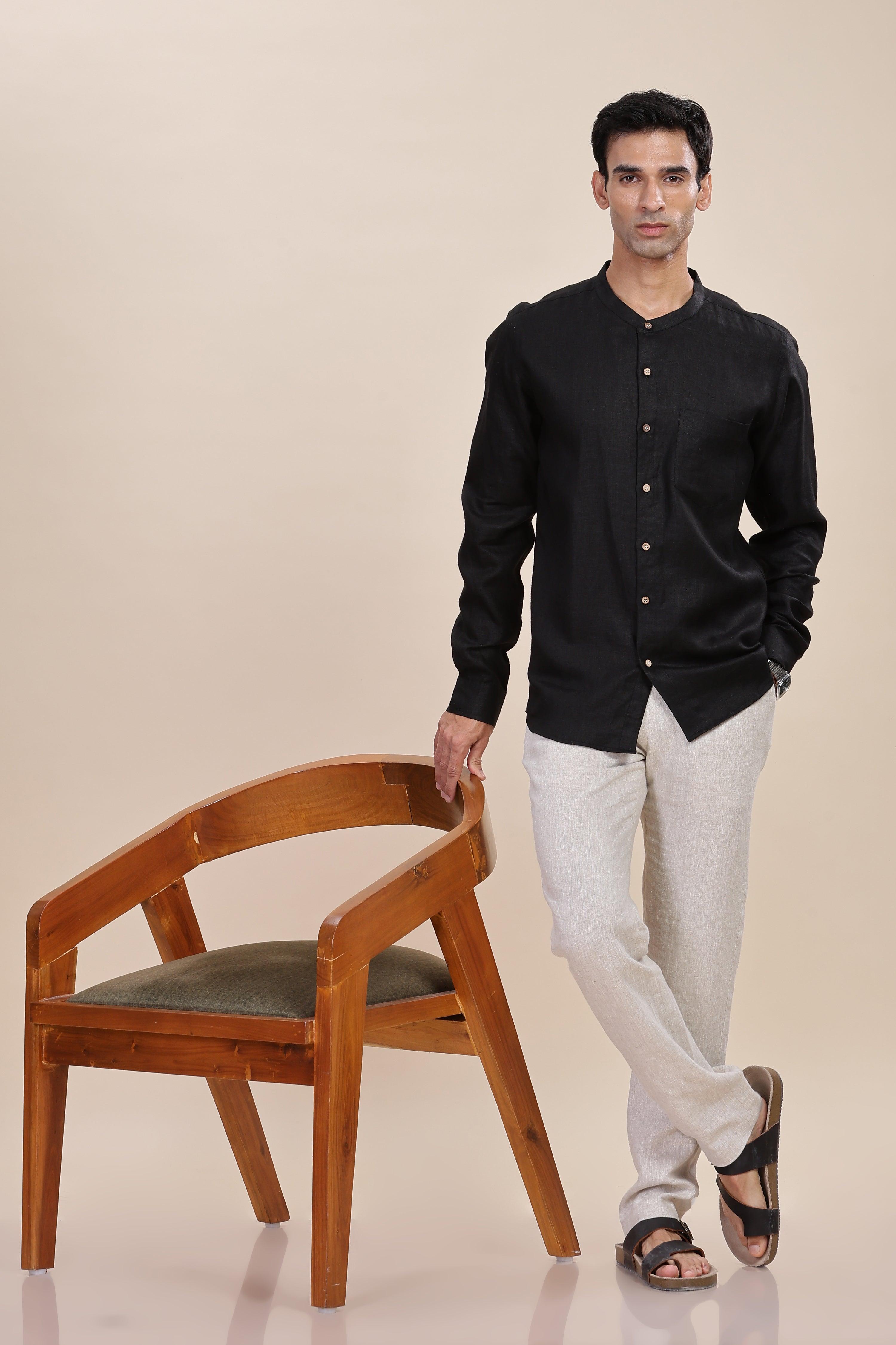 HAN - Pure Linen Mandarin Collar Black Shirt