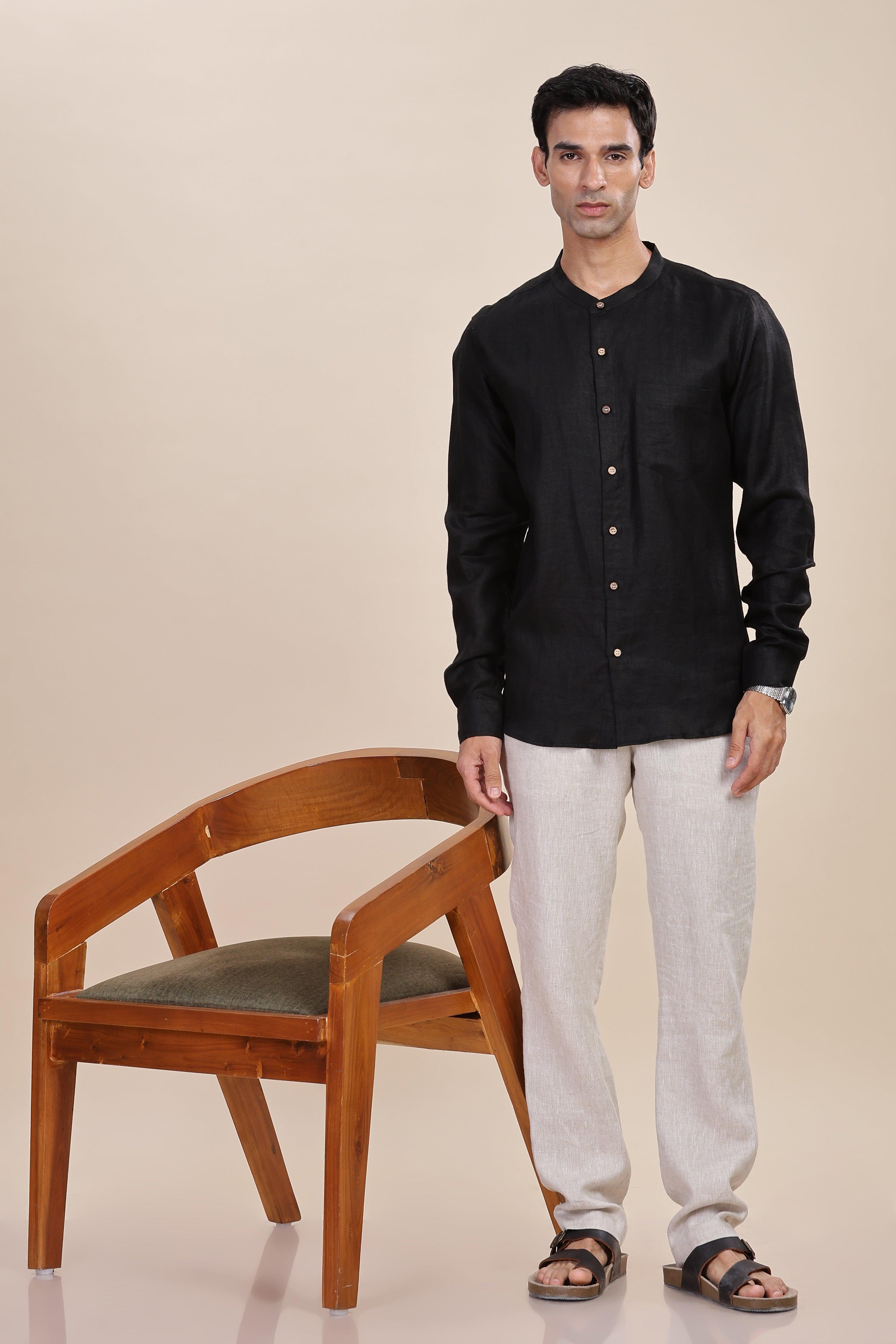 HAN - Pure Linen Mandarin Collar Black Shirt