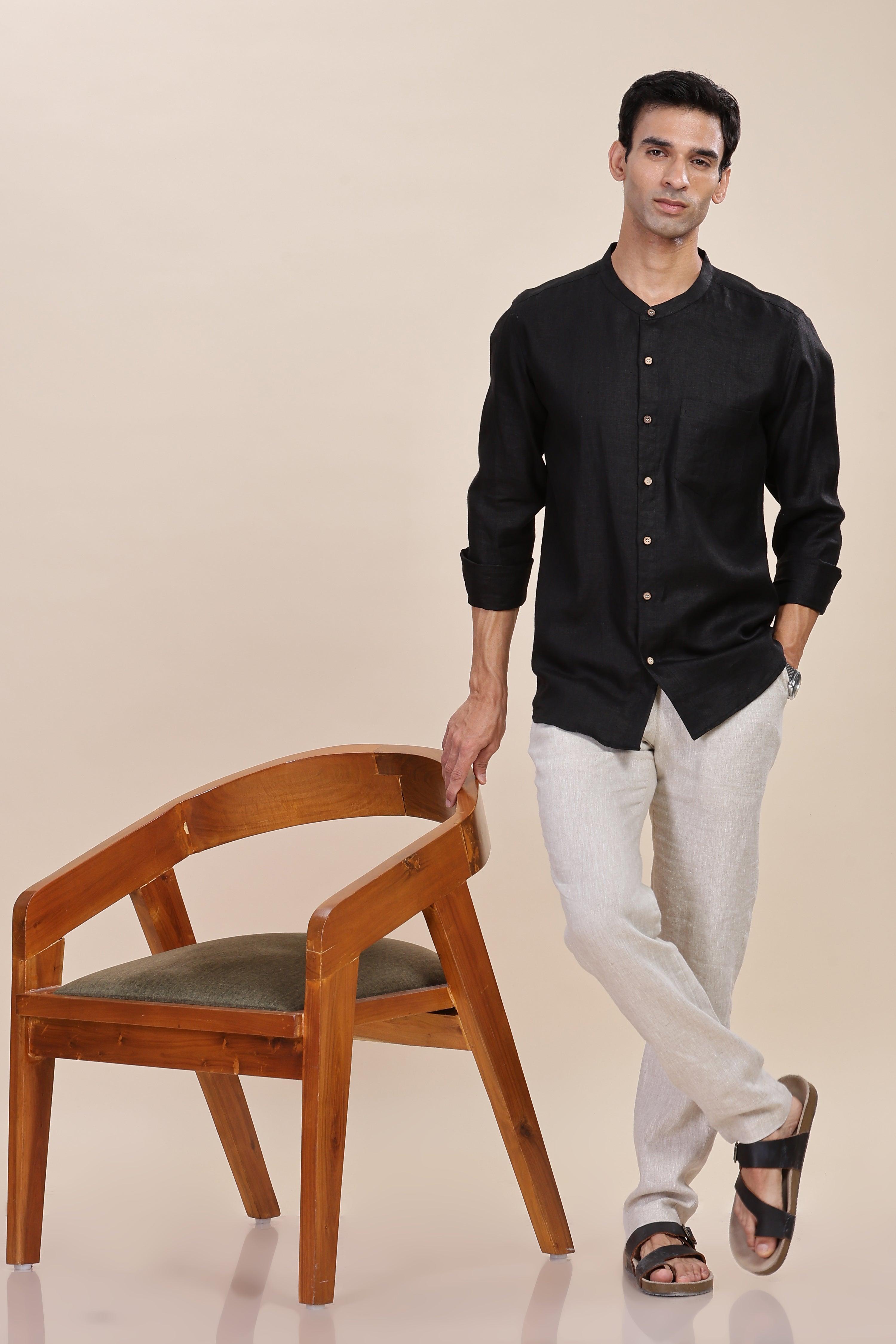 HAN - Pure Linen Mandarin Collar Black Shirt