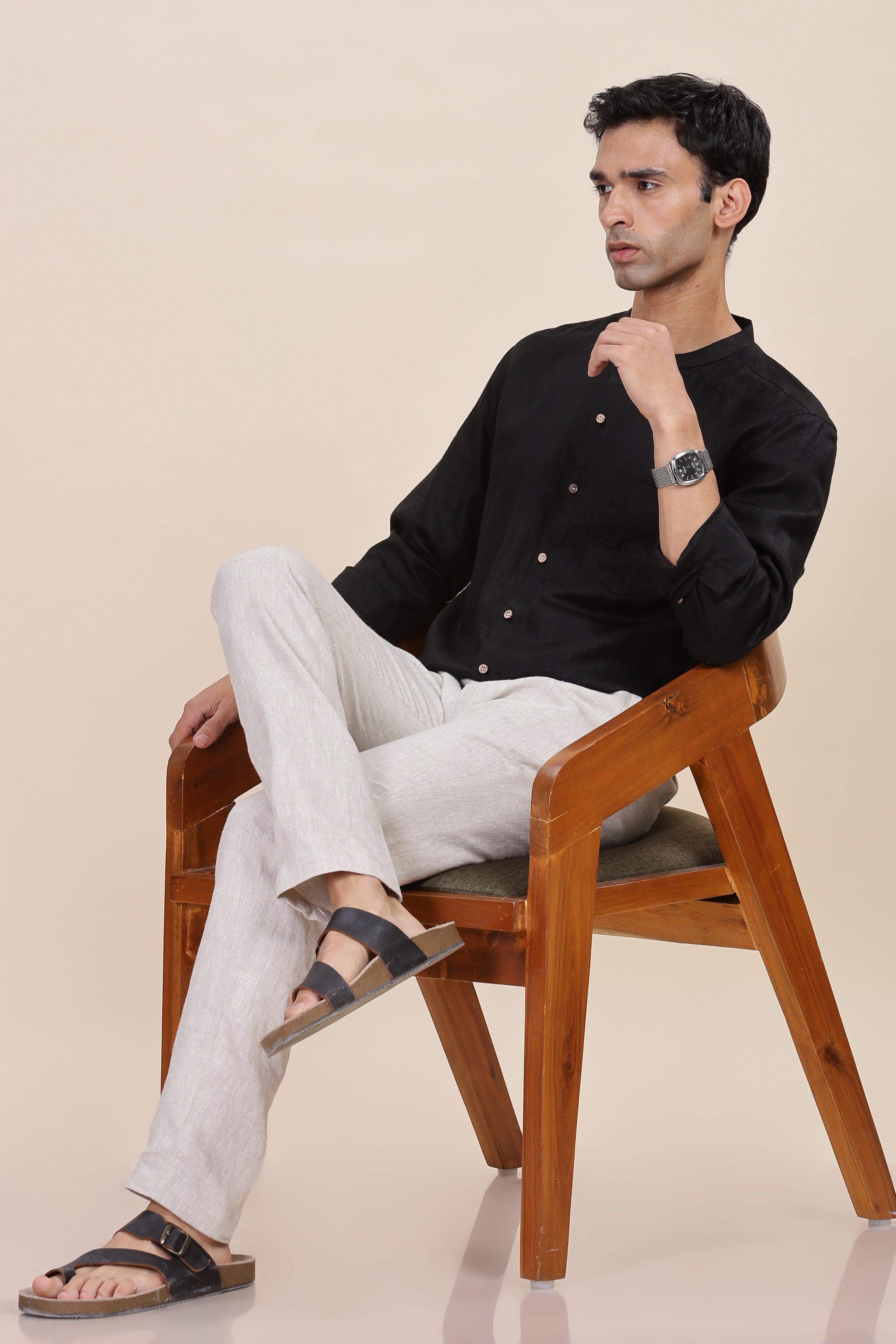 HAN - Pure Linen Mandarin Collar Black Shirt