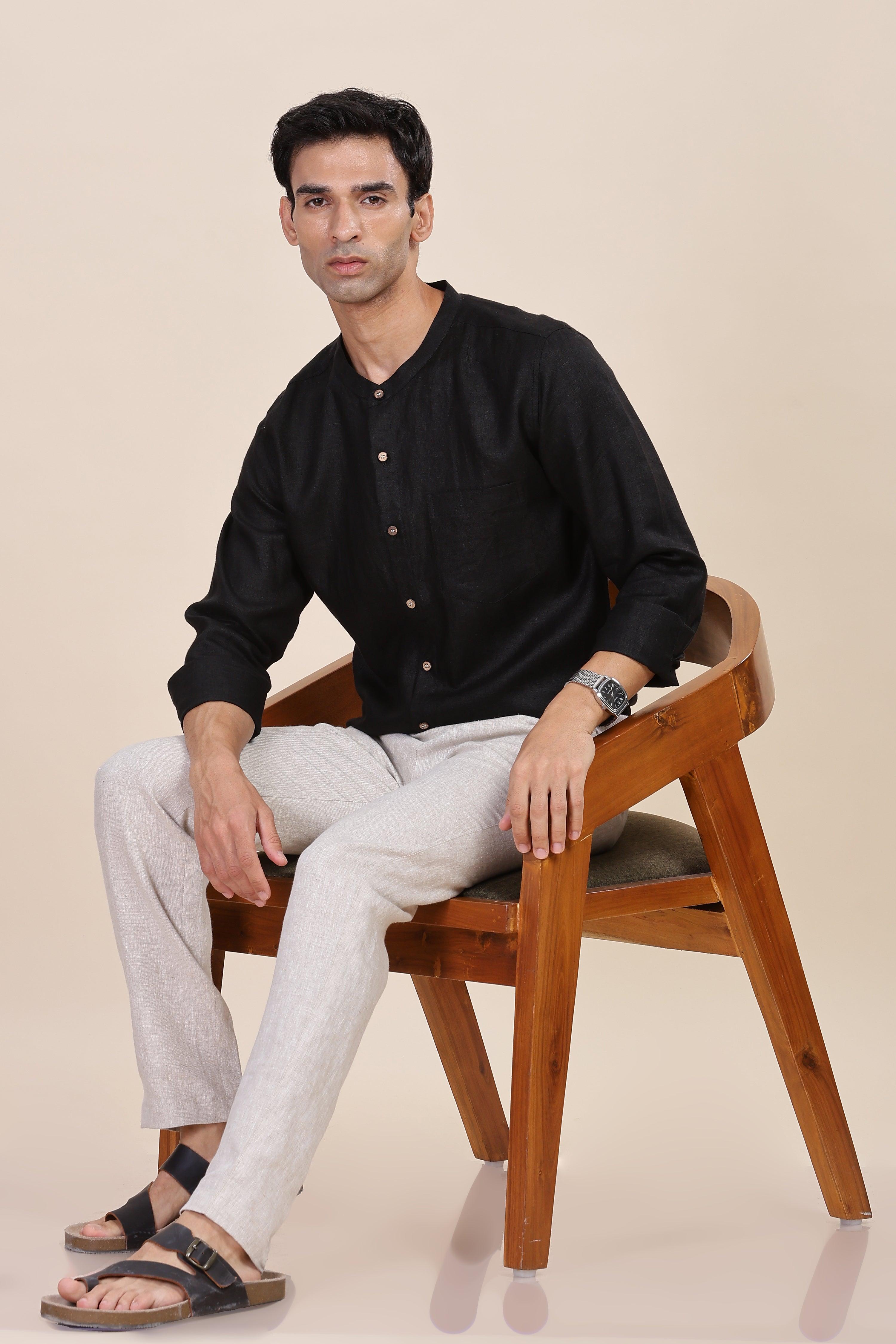 HAN - Pure Linen Mandarin Collar Black Shirt
