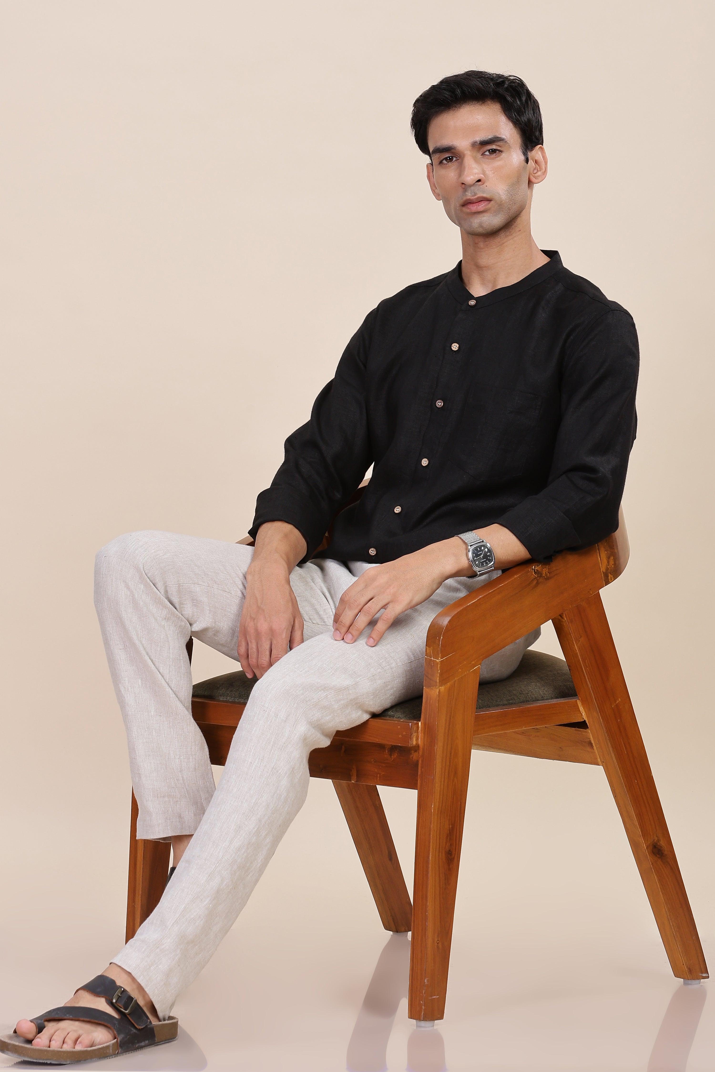 HAN - Pure Linen Mandarin Collar Black Shirt