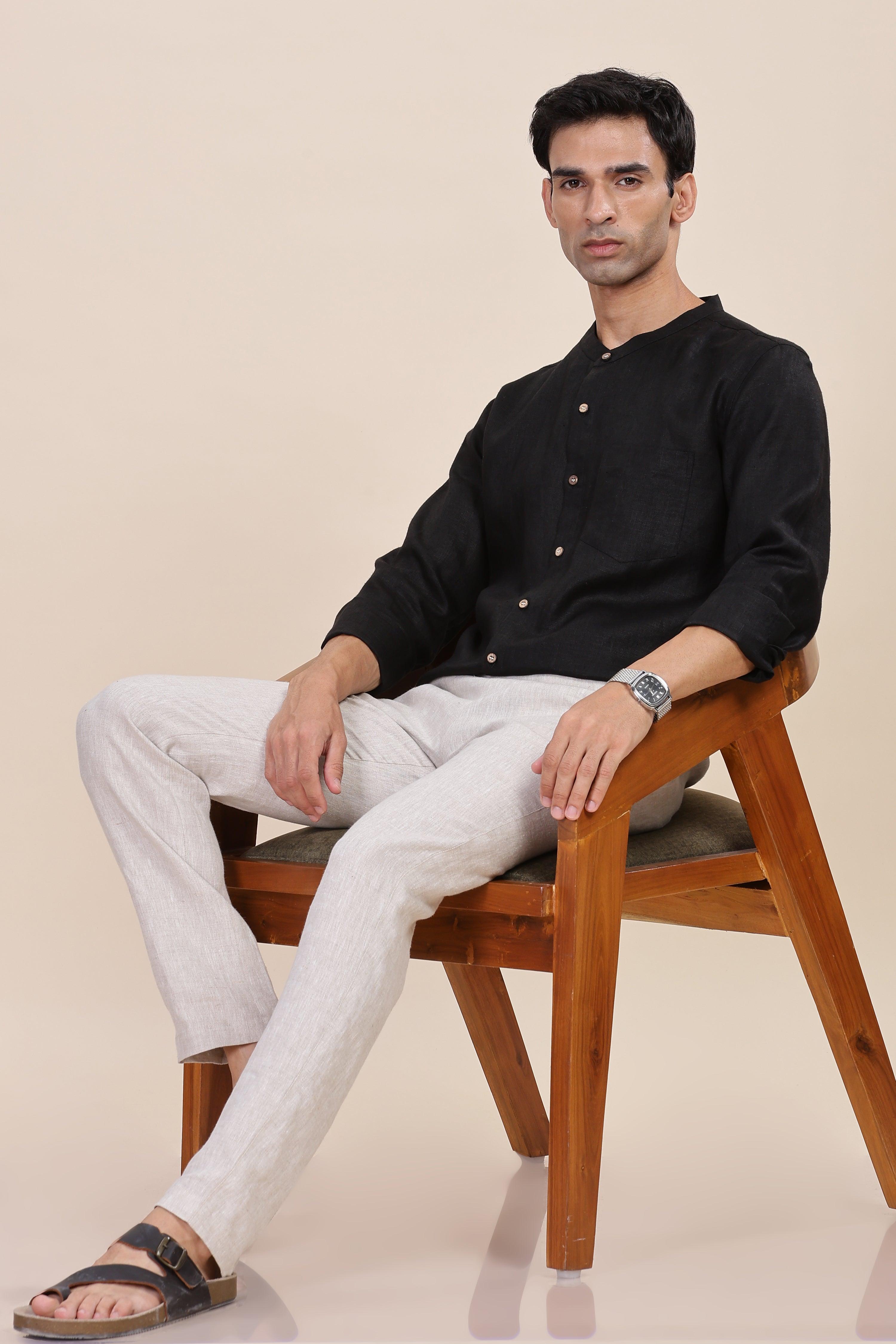 HAN - Pure Linen Mandarin Collar Black Shirt