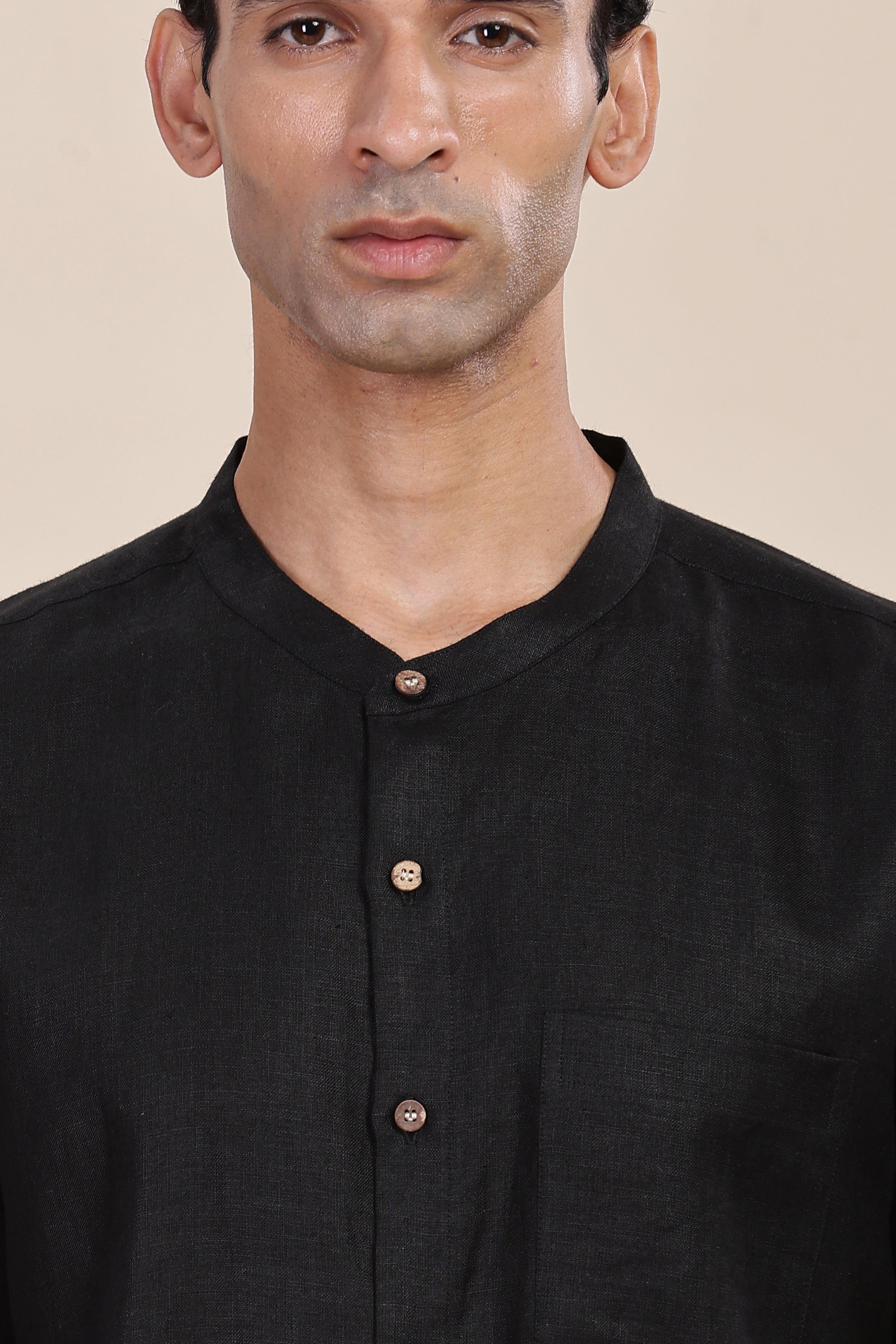 HAN - Pure Linen Mandarin Collar Black Shirt