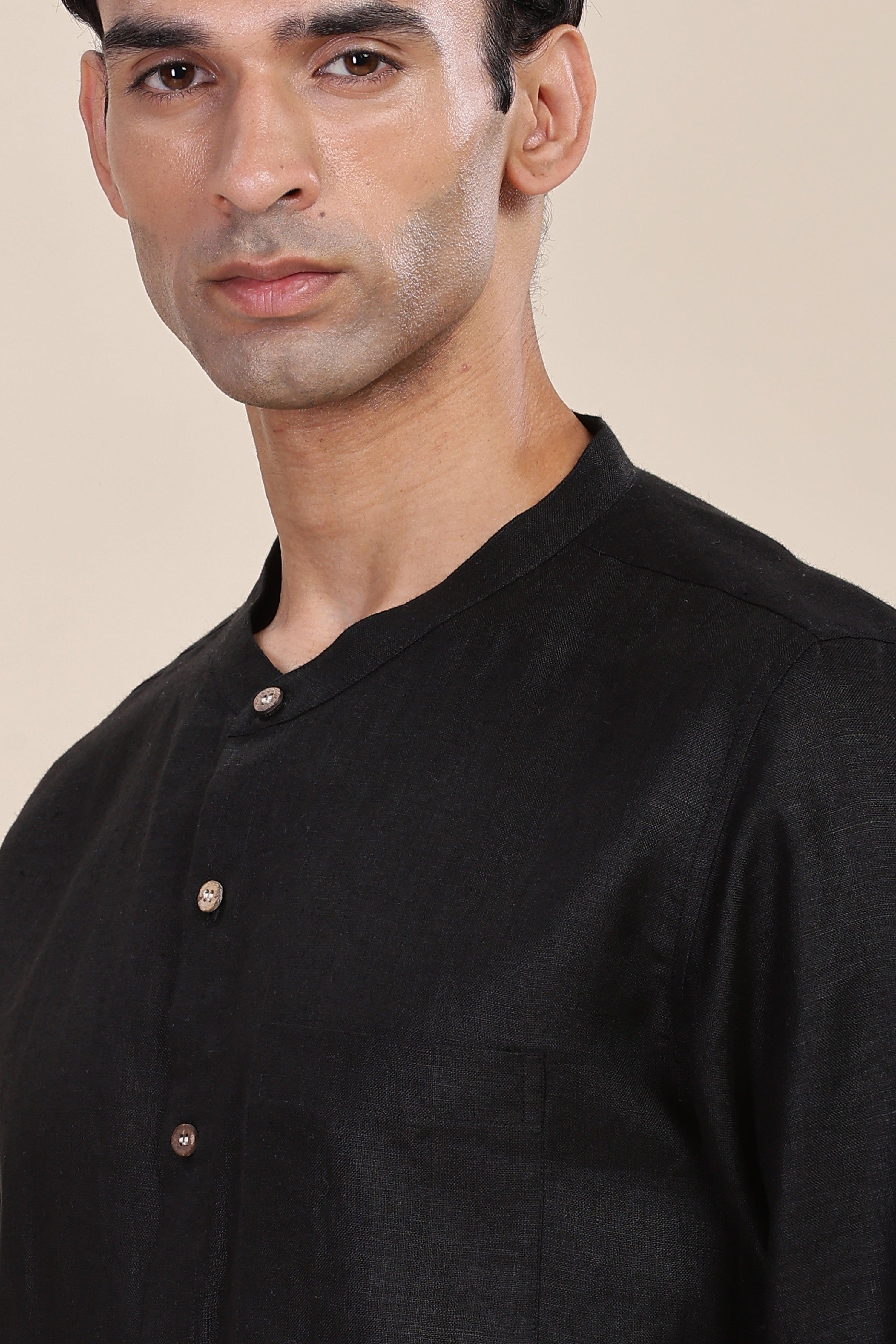 HAN - Pure Linen Mandarin Collar Black Shirt