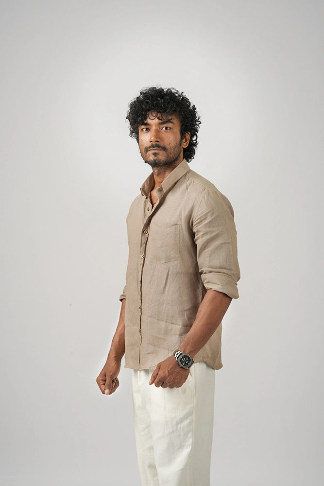 Brown (Taupe) 100% Pure Linen - Full Sleeves - Regular collar shirt