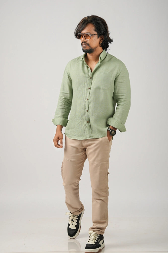 Green (Meadow Olive Dust) - 100% Pure Linen - Full Sleeves - Regular collar shirt - MARK