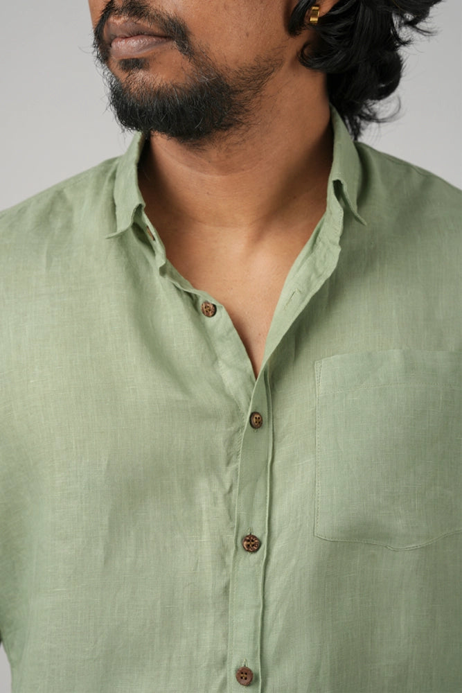 Green (Meadow Olive Dust) - 100% Pure Linen - Full Sleeves - Regular collar shirt - MARK