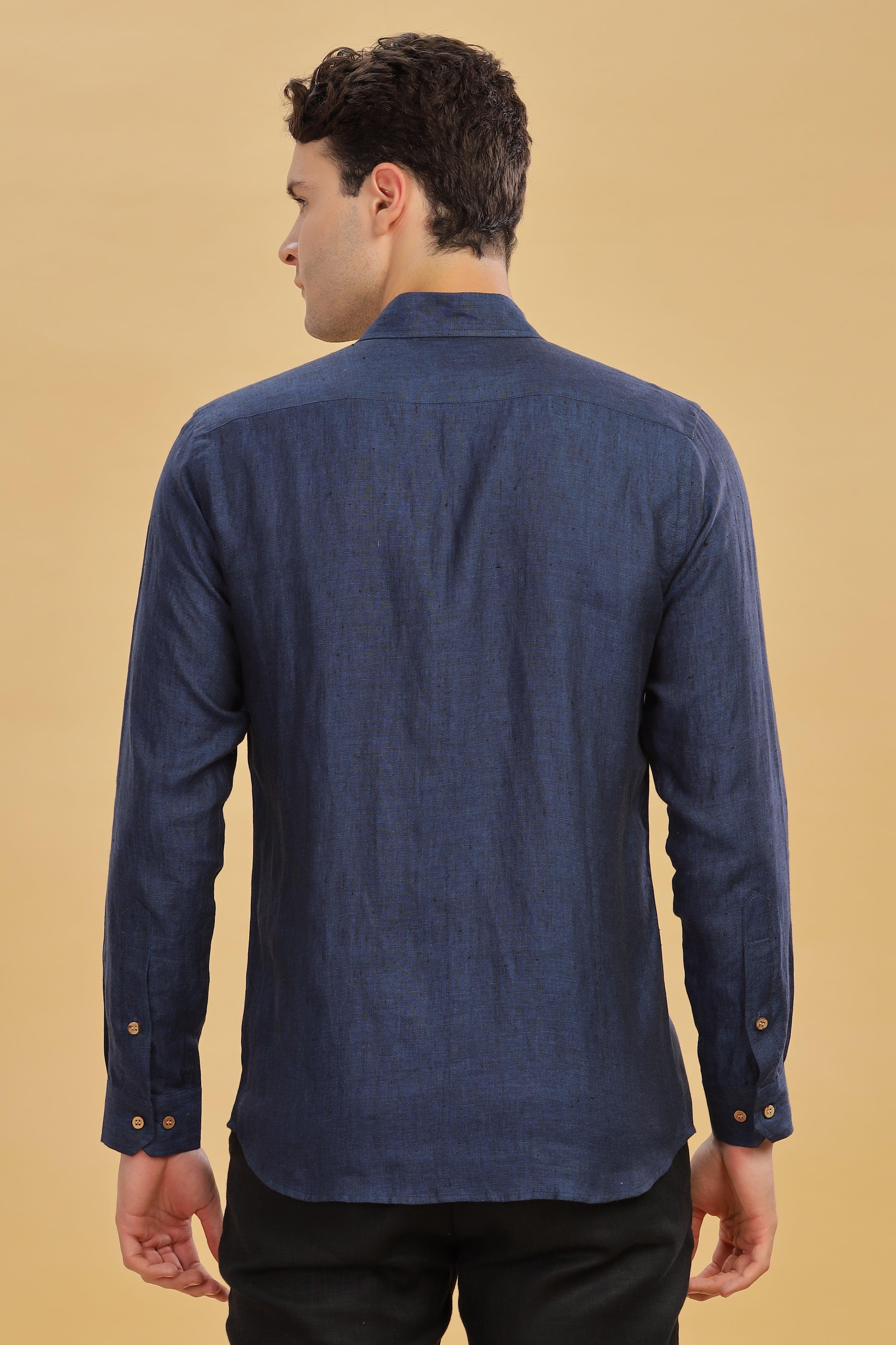 MARK Long Sleeves -100% Pure Linen Regular Collar Dark Blue Chambray Shirt