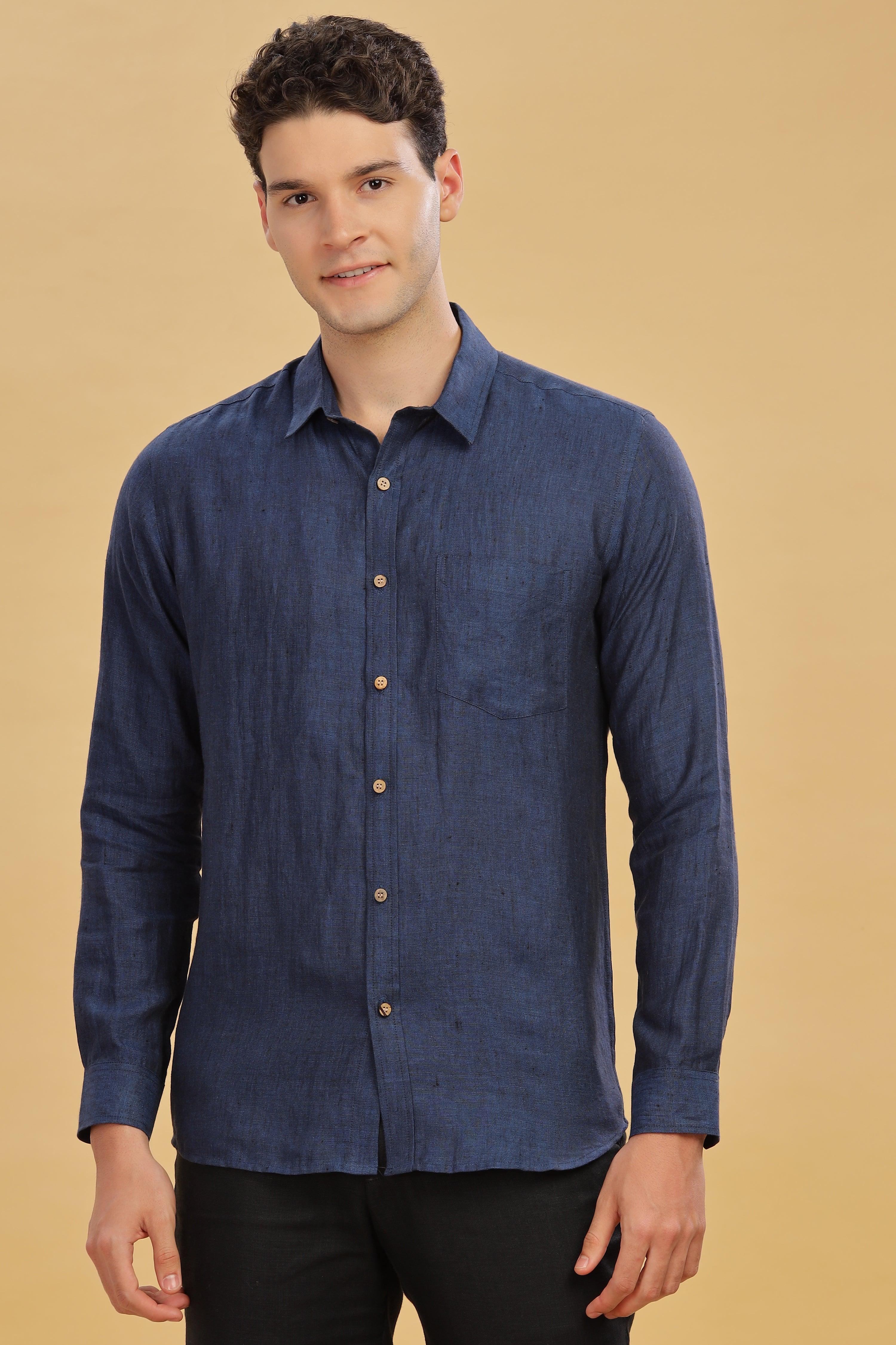 MARK Long Sleeves -100% Pure Linen Regular Collar Dark Blue Chambray Shirt