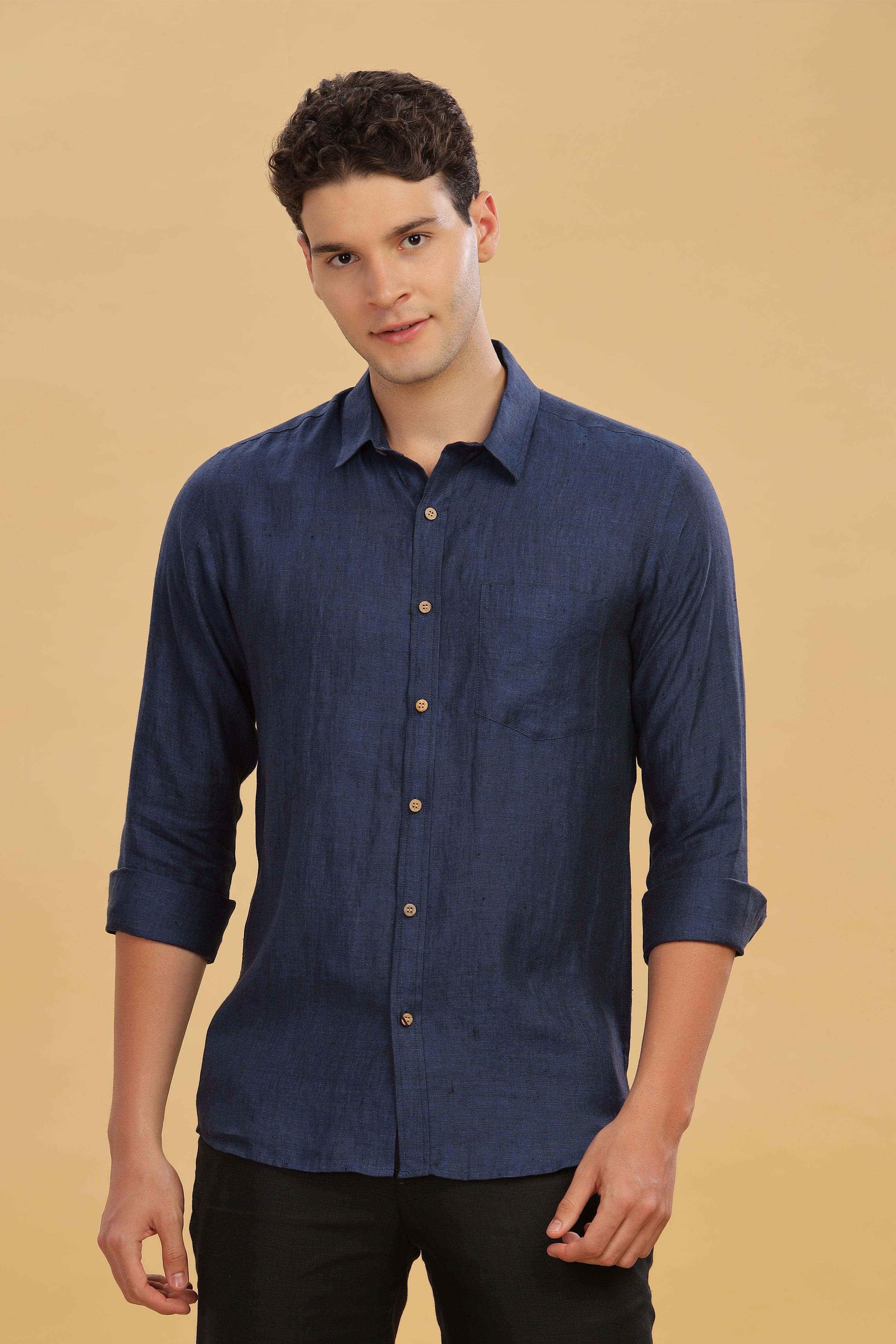 MARK Long Sleeves -100% Pure Linen Regular Collar Dark Blue Chambray Shirt