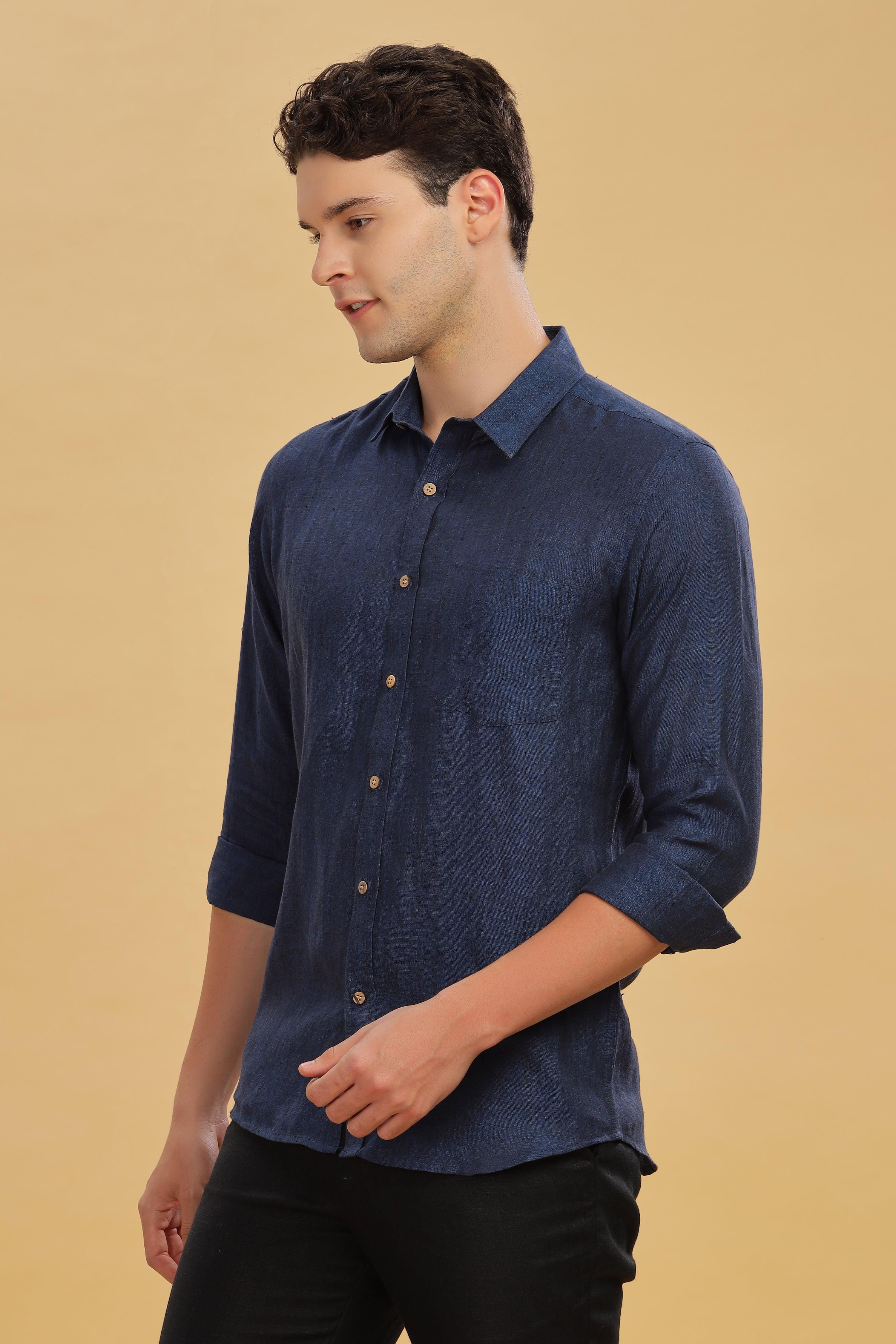 MARK Long Sleeves -100% Pure Linen Regular Collar Dark Blue Chambray Shirt