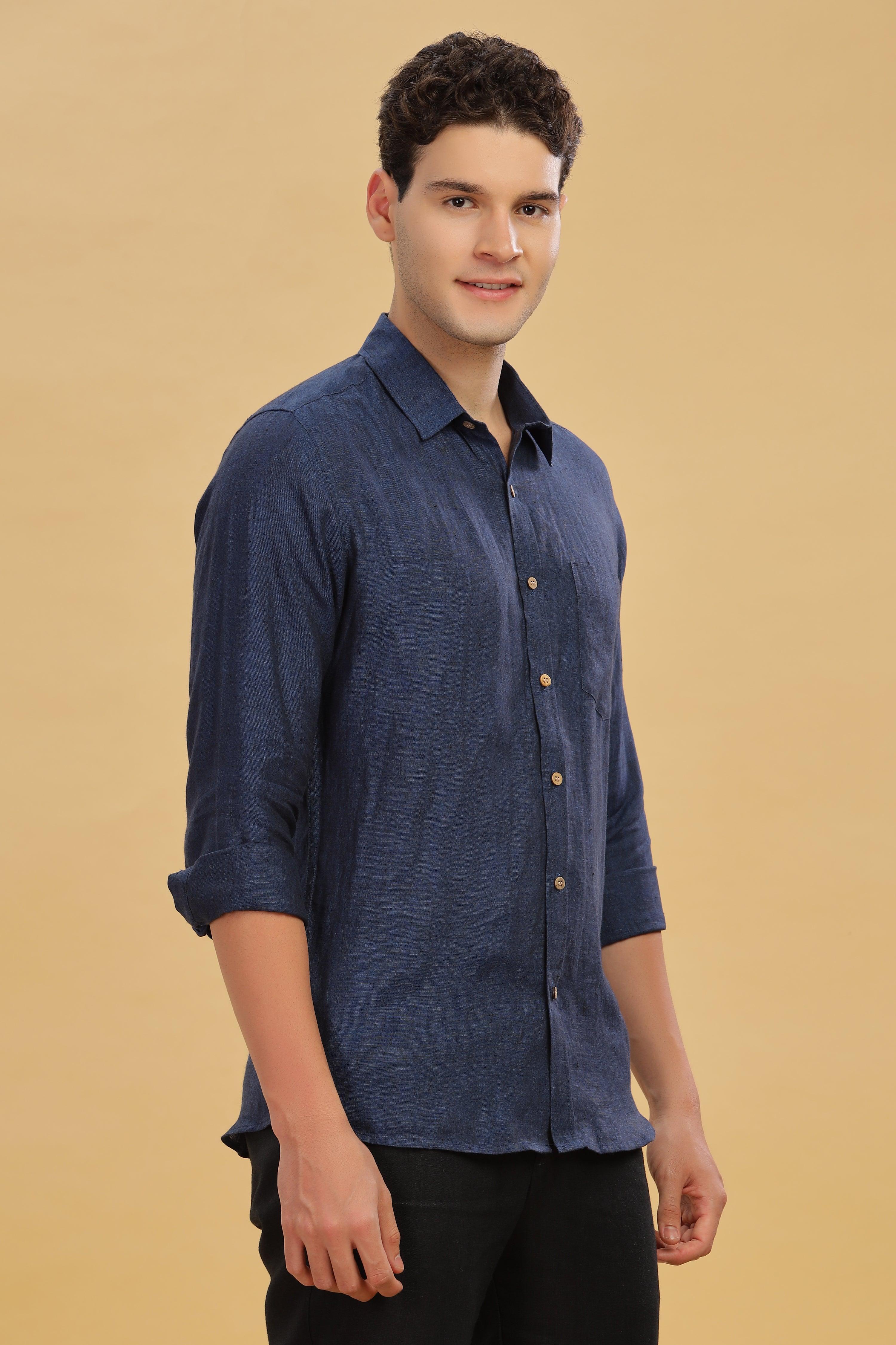 MARK Long Sleeves -100% Pure Linen Regular Collar Dark Blue Chambray Shirt