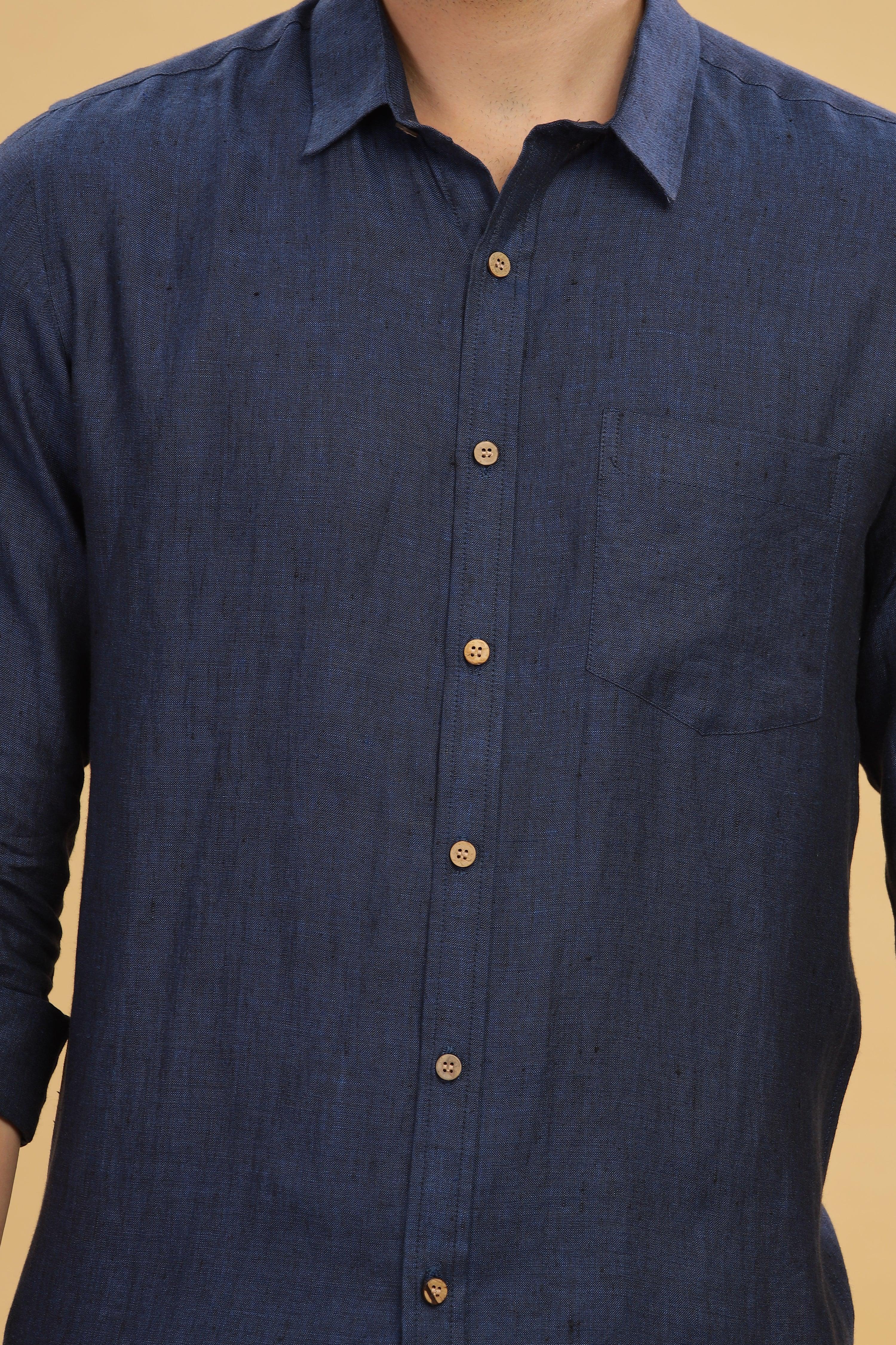 MARK Long Sleeves -100% Pure Linen Regular Collar Dark Blue Chambray Shirt