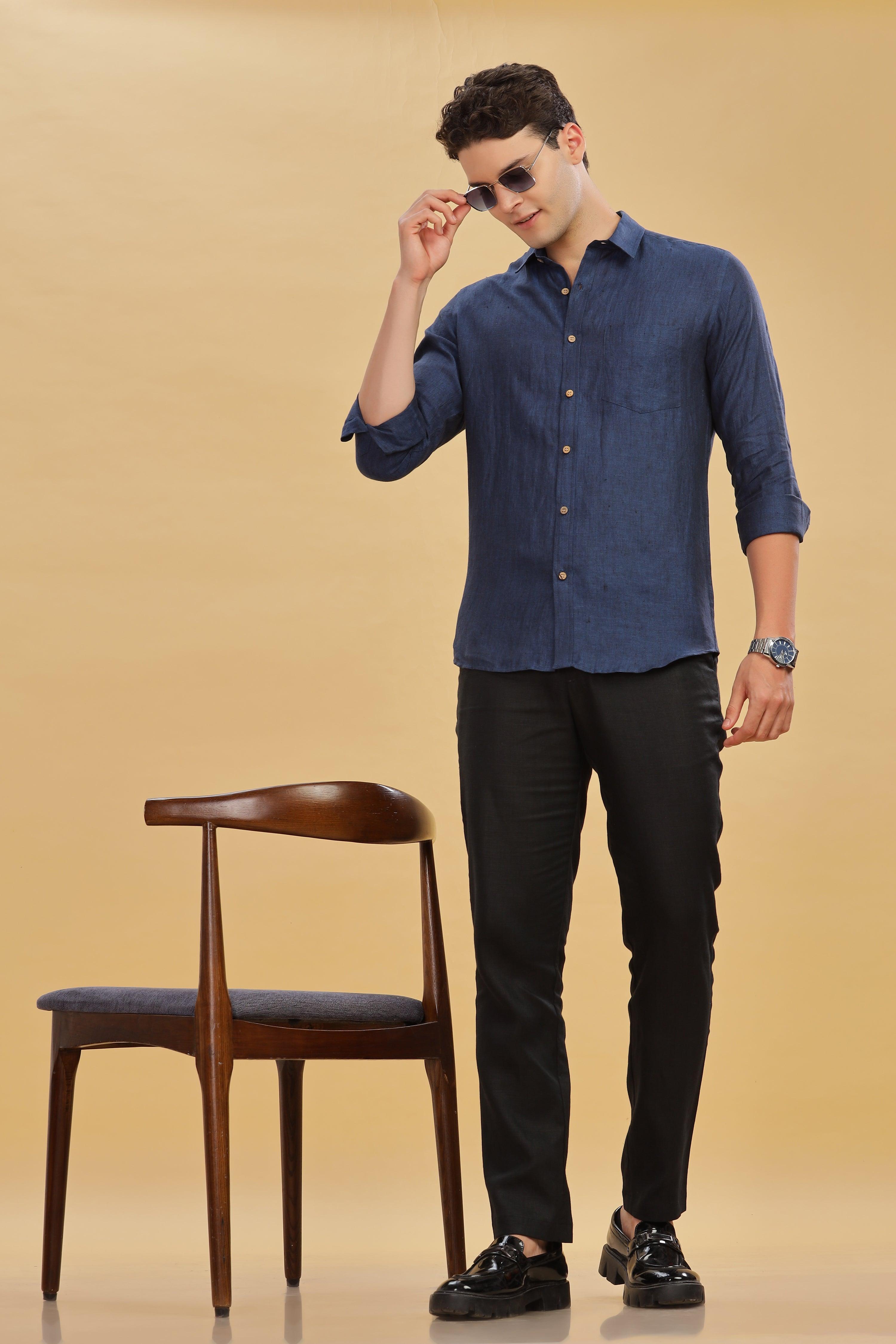 MARK Long Sleeves -100% Pure Linen Regular Collar Dark Blue Chambray Shirt