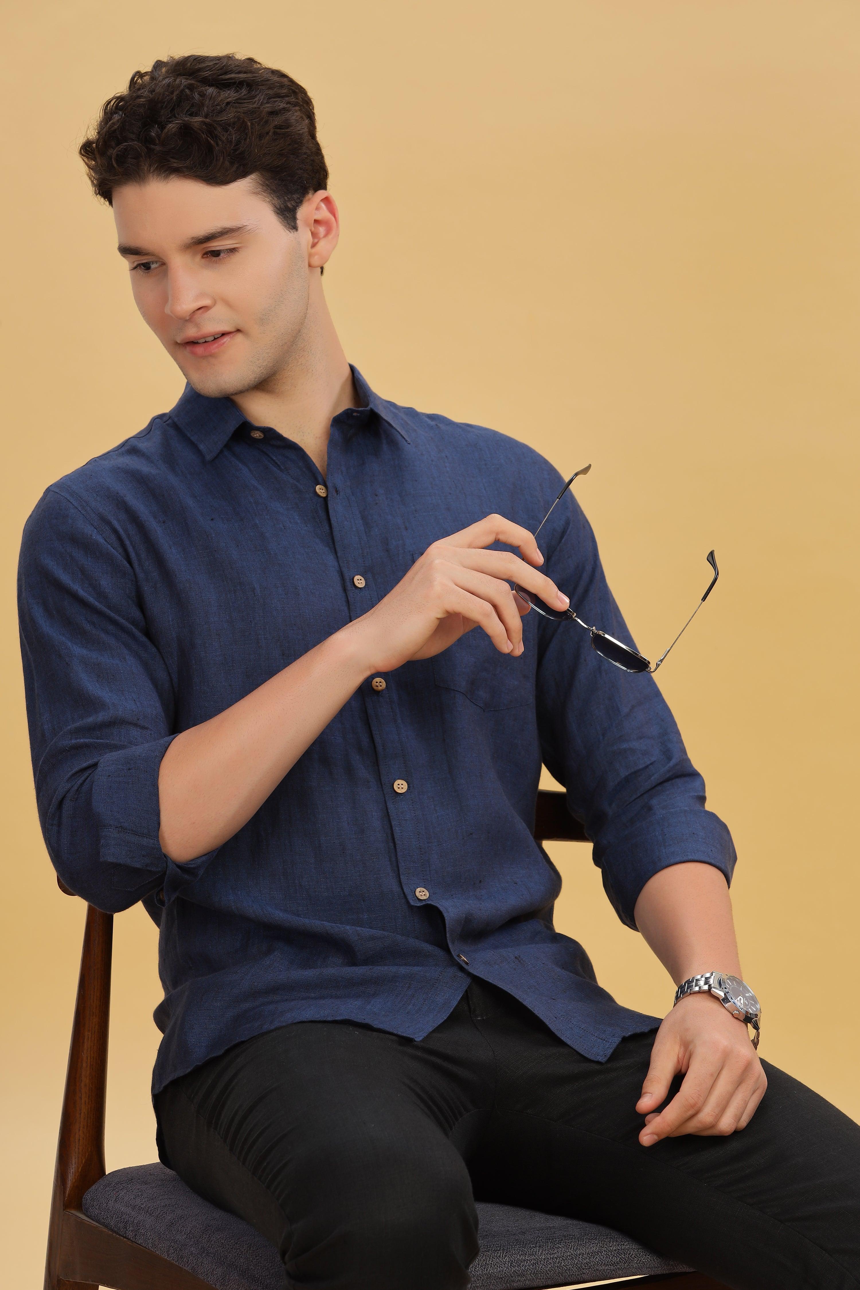 MARK Long Sleeves -100% Pure Linen Regular Collar Dark Blue Chambray Shirt