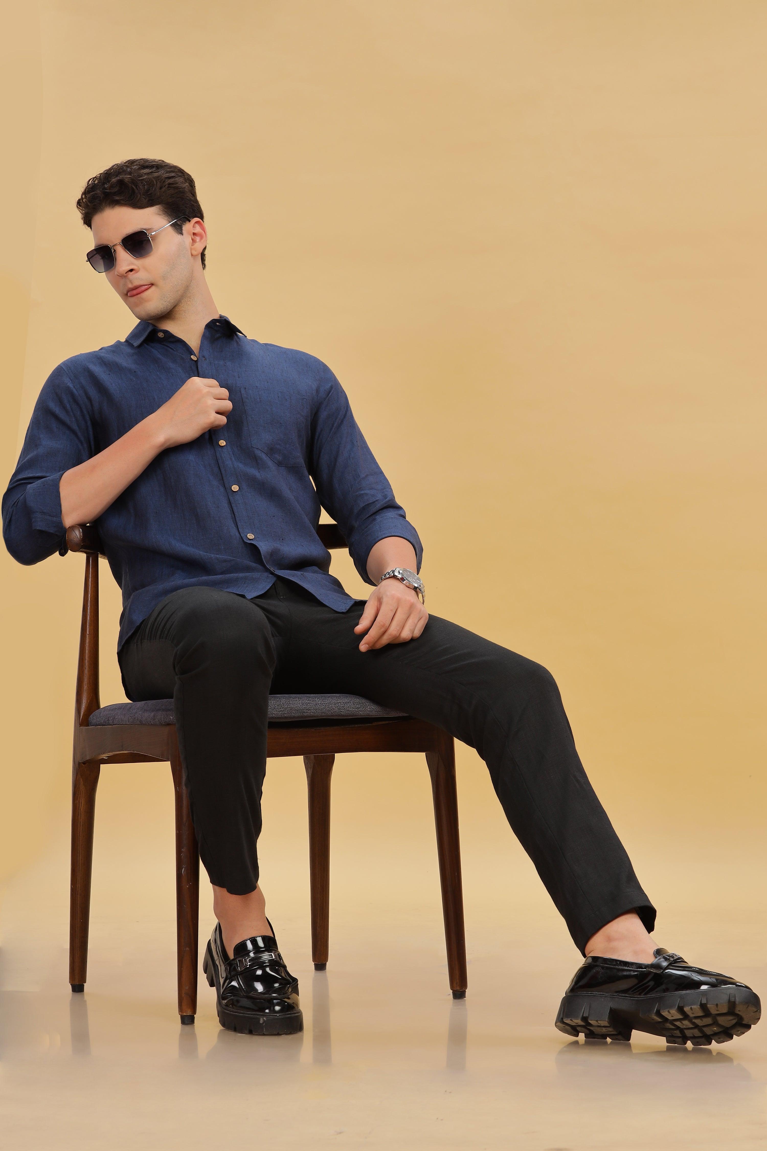 MARK Long Sleeves -100% Pure Linen Regular Collar Dark Blue Chambray Shirt