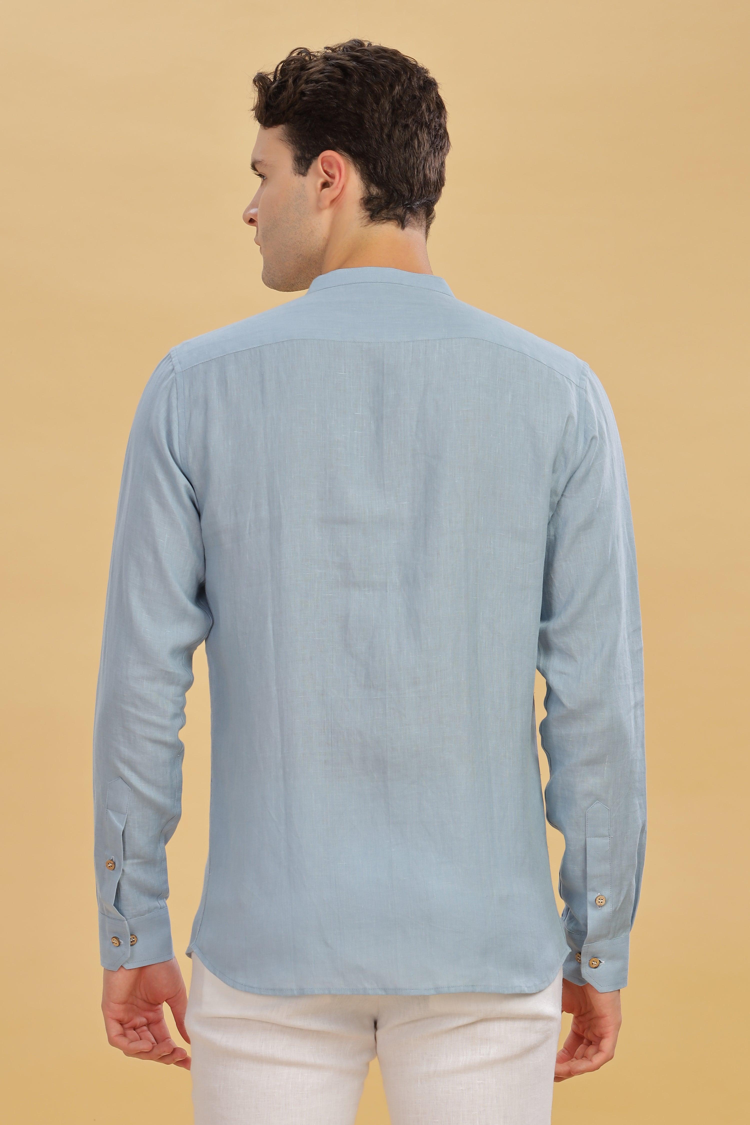 HAN - Pure Linen Mandarin Collar Light Blue Grey Shirt