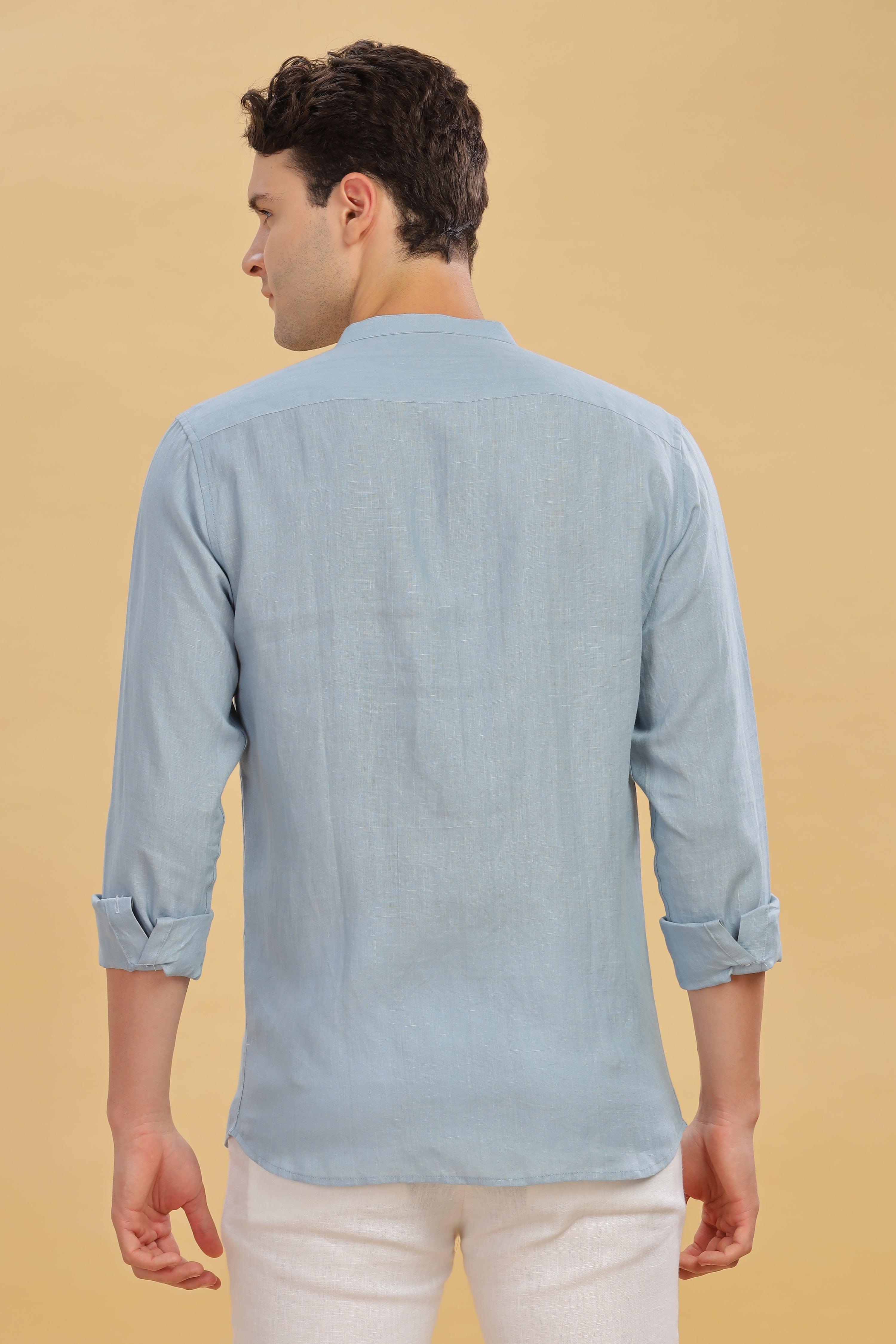 HAN - Pure Linen Mandarin Collar Light Blue Grey Shirt