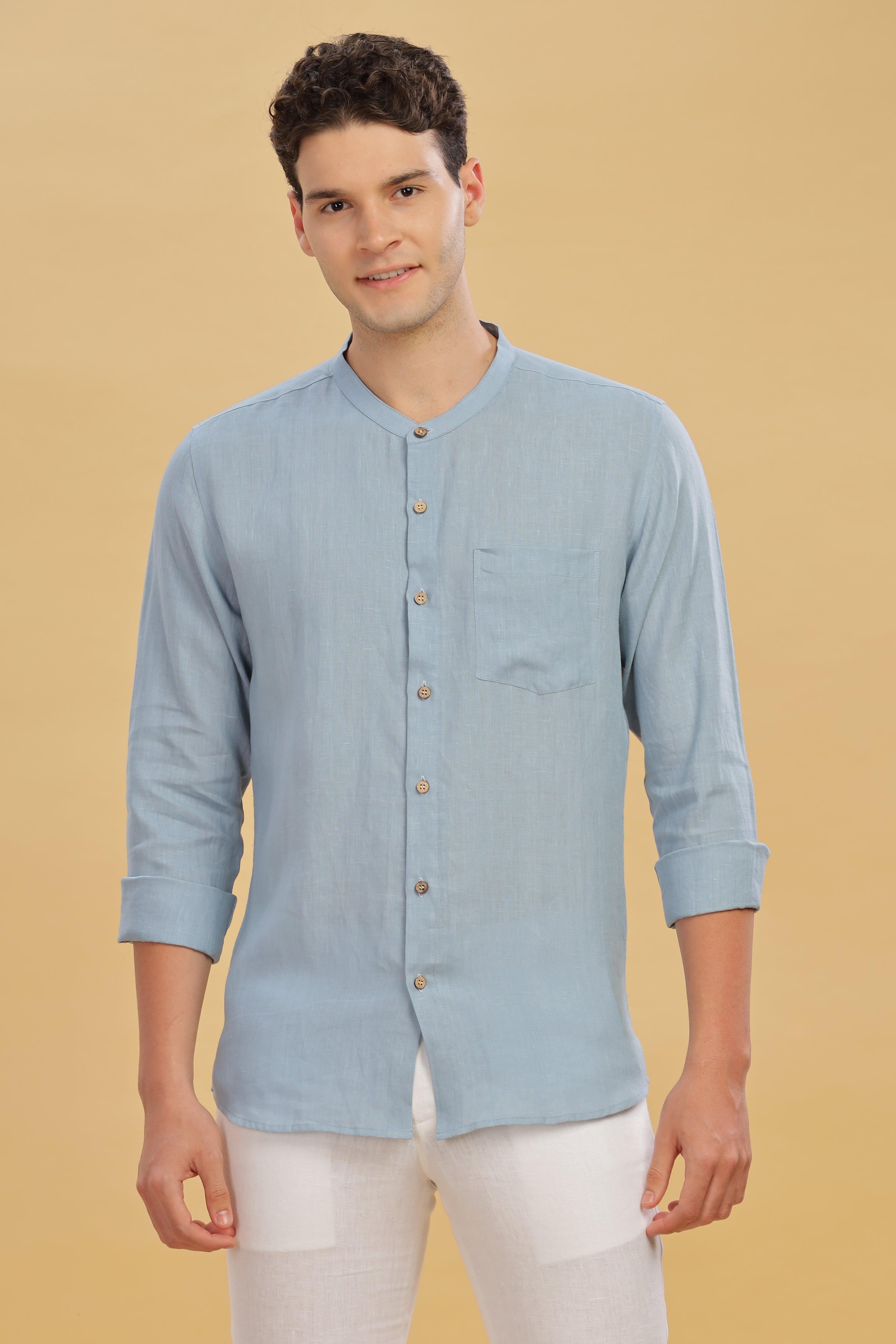 HAN - Pure Linen Mandarin Collar Light Blue Grey Shirt