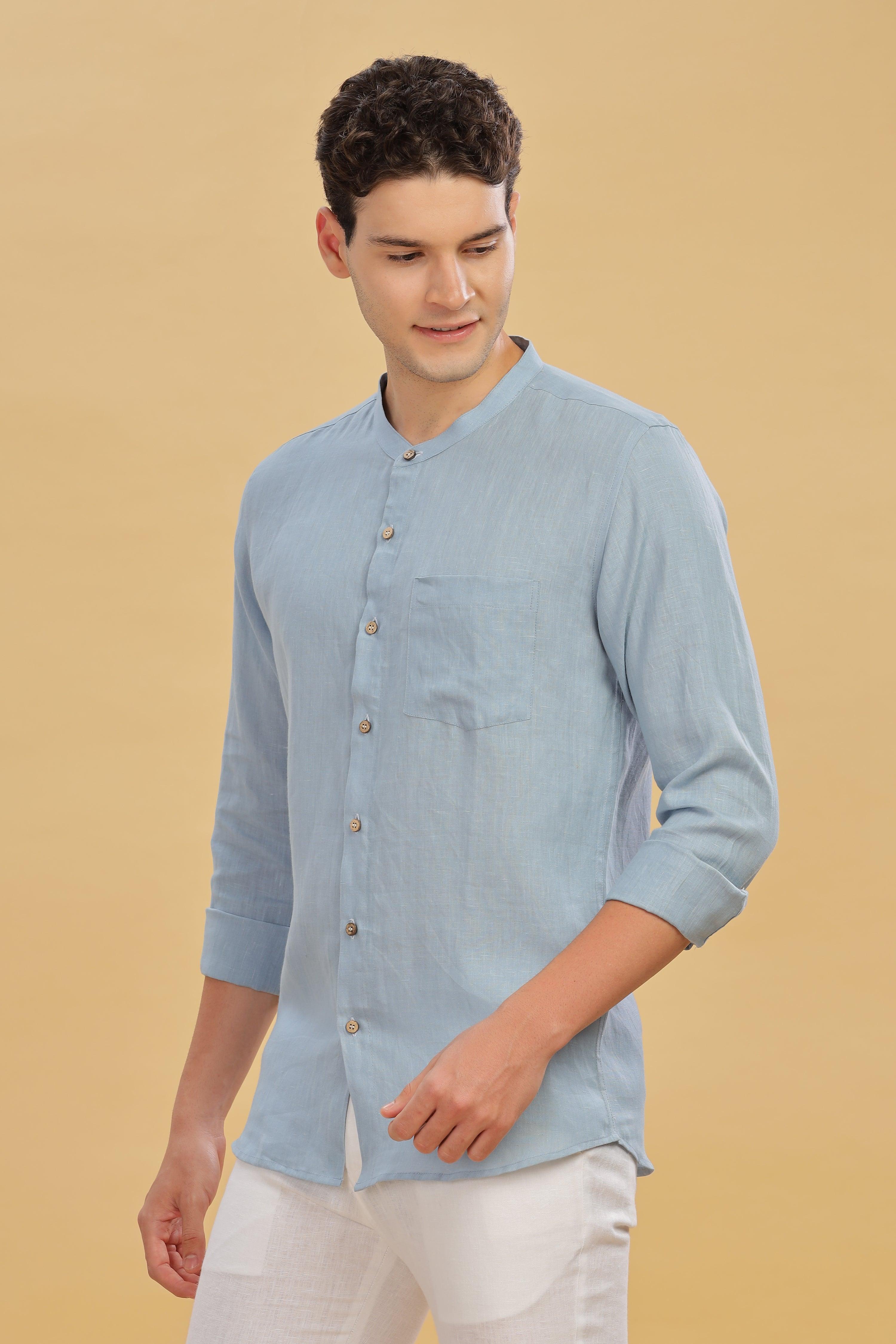 HAN - Pure Linen Mandarin Collar Light Blue Grey Shirt