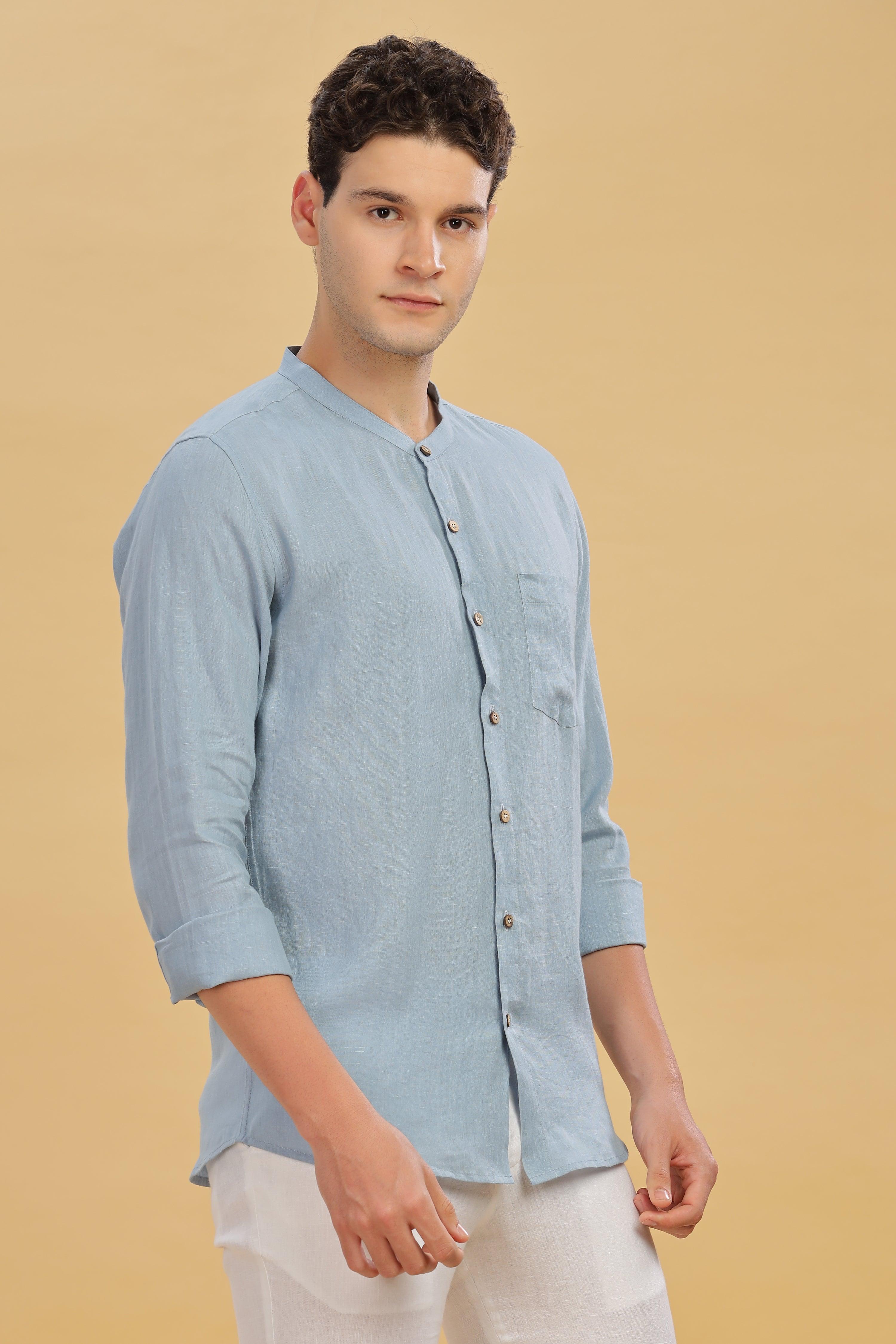HAN - Pure Linen Mandarin Collar Light Blue Grey Shirt