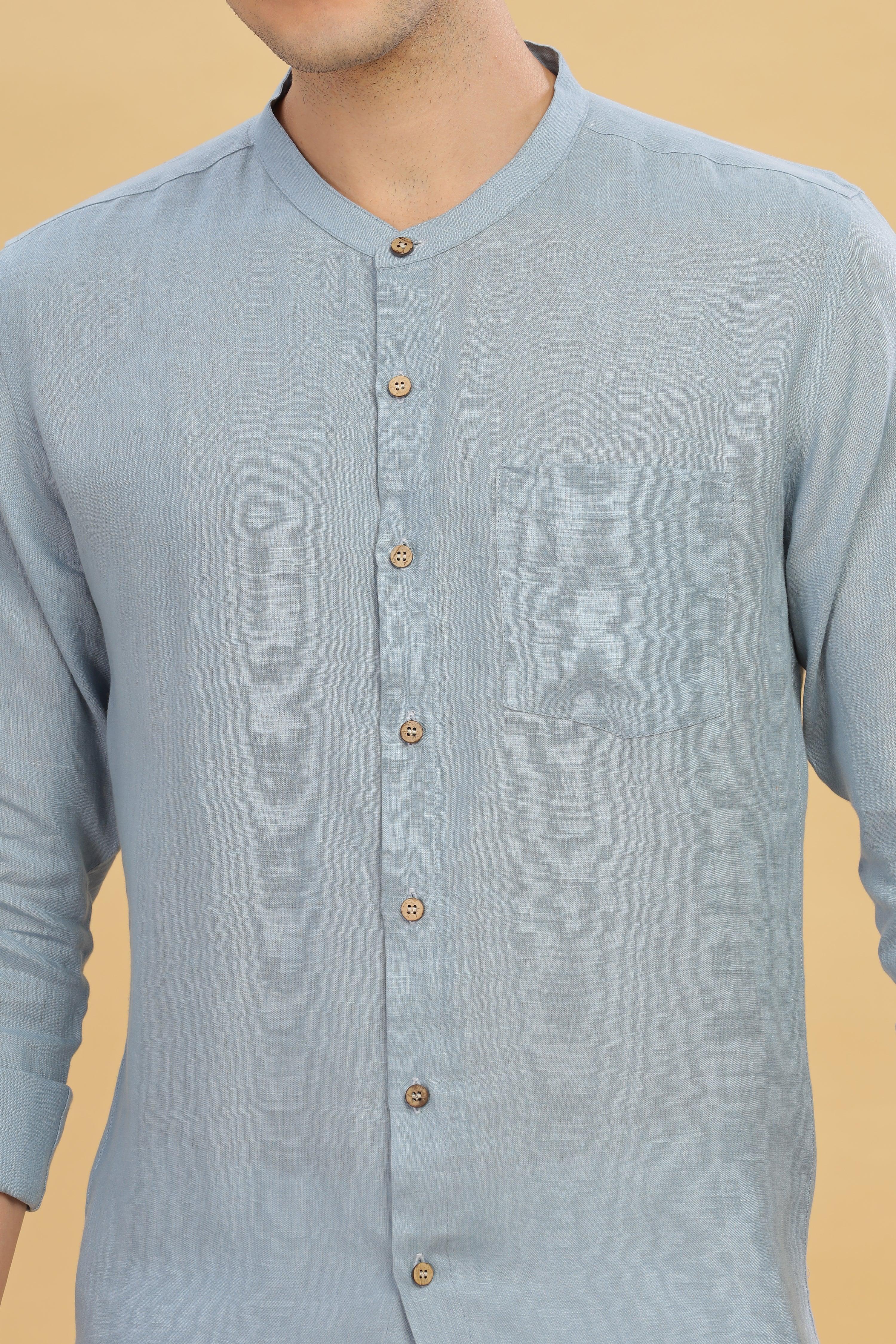 HAN - Pure Linen Mandarin Collar Light Blue Grey Shirt