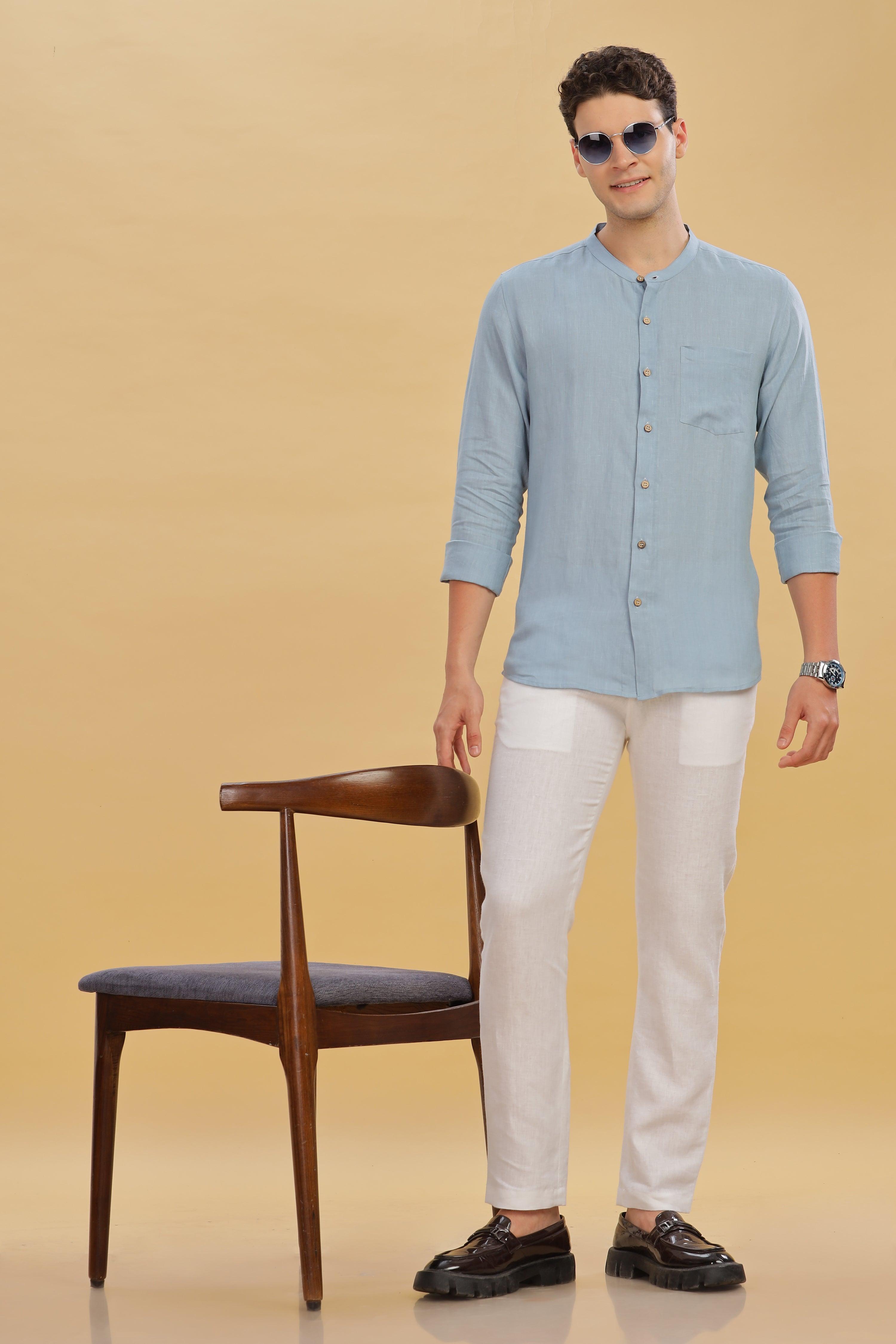 HAN - Pure Linen Mandarin Collar Light Blue Grey Shirt