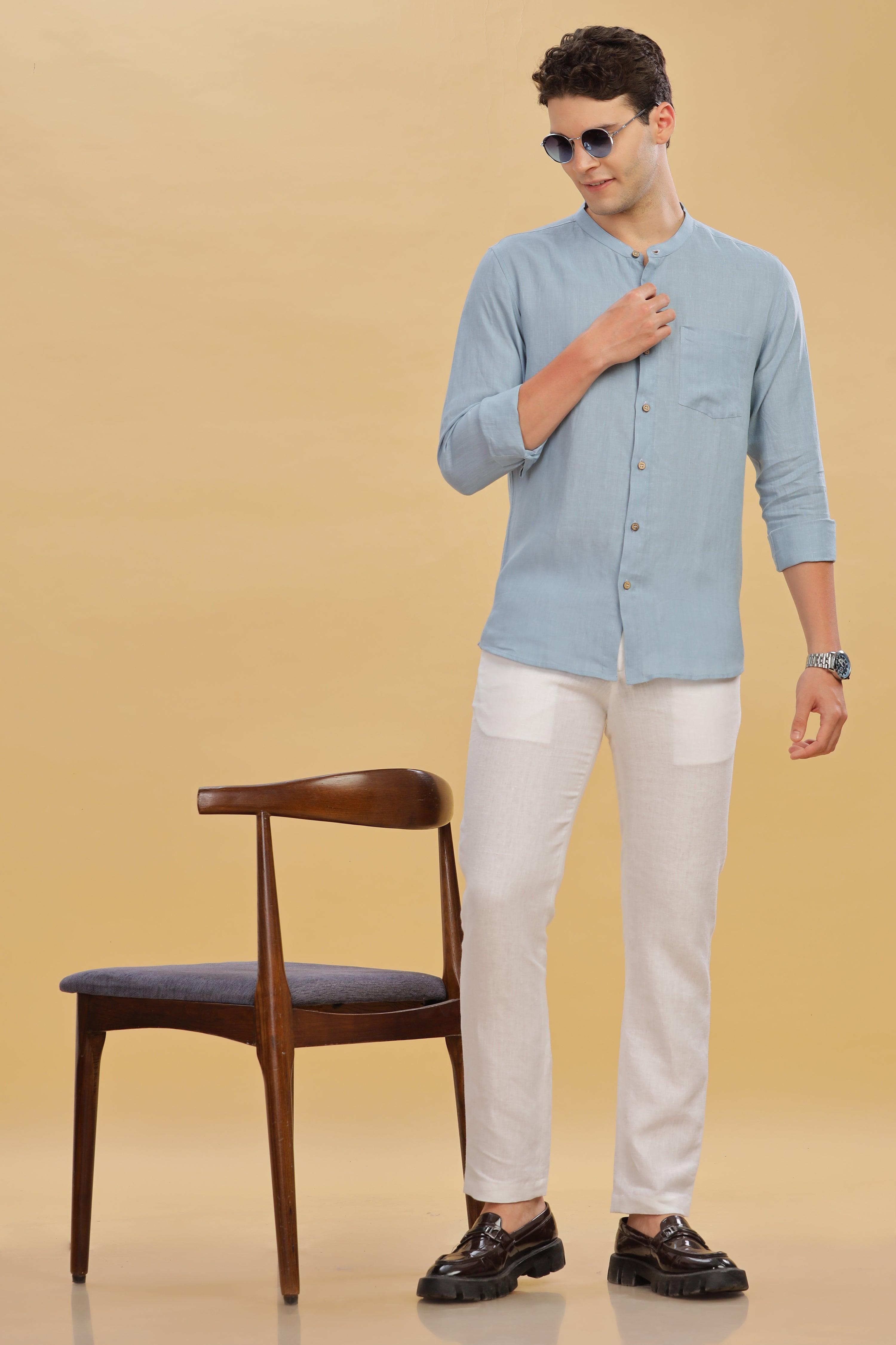HAN - Pure Linen Mandarin Collar Light Blue Grey Shirt