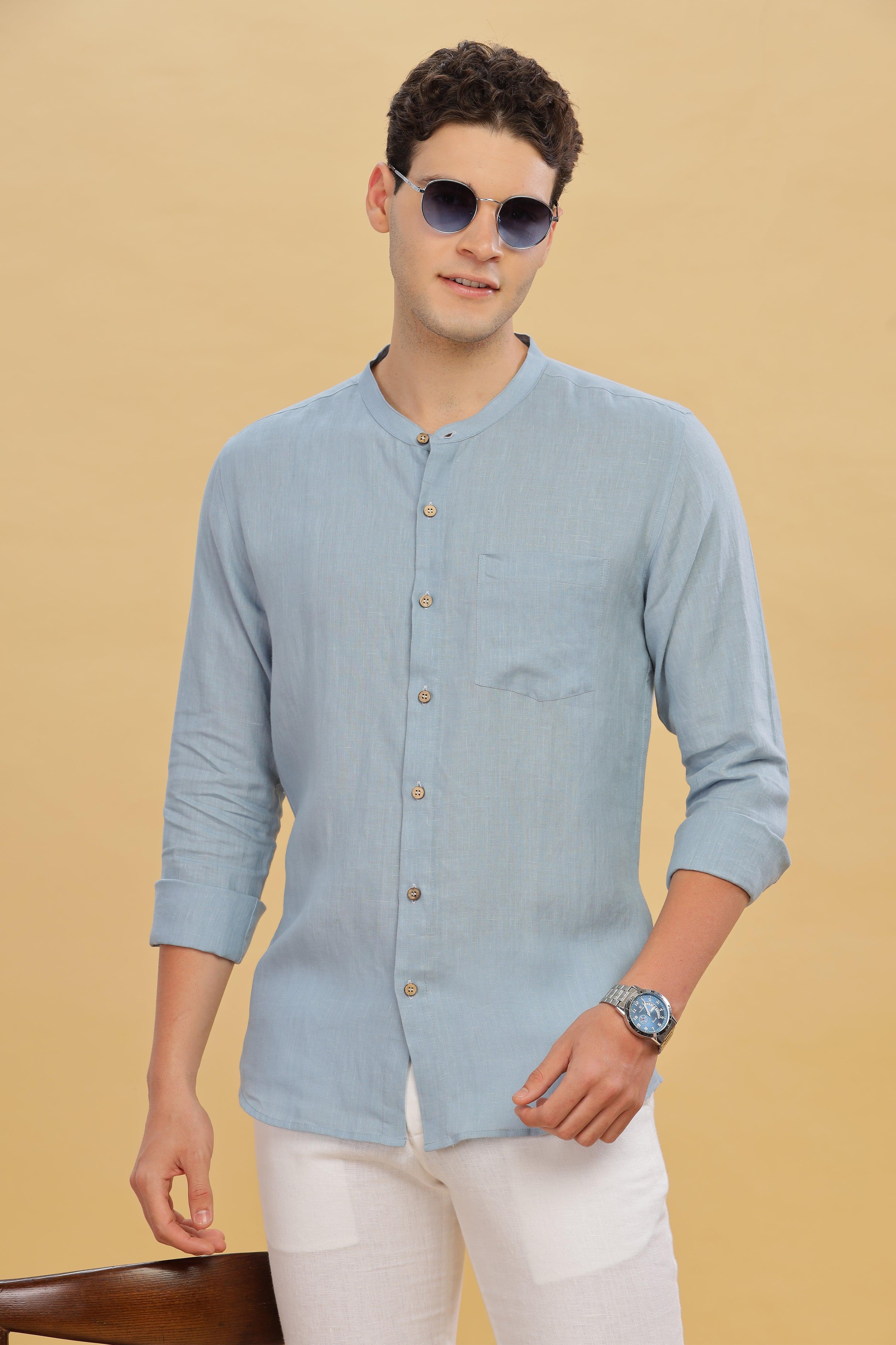 HAN - Pure Linen Mandarin Collar Light Blue Grey Shirt