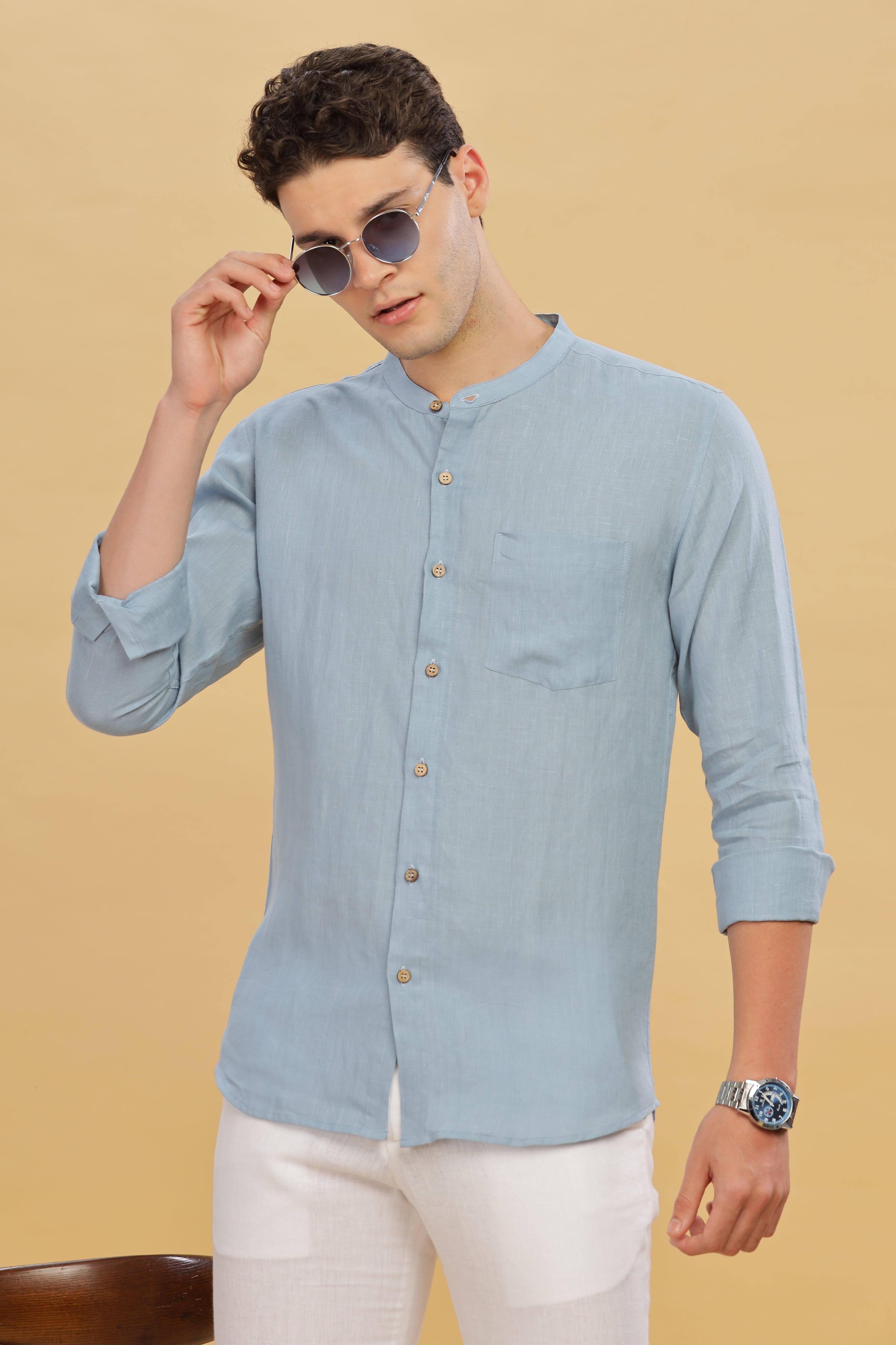 HAN - Pure Linen Mandarin Collar Light Blue Grey Shirt