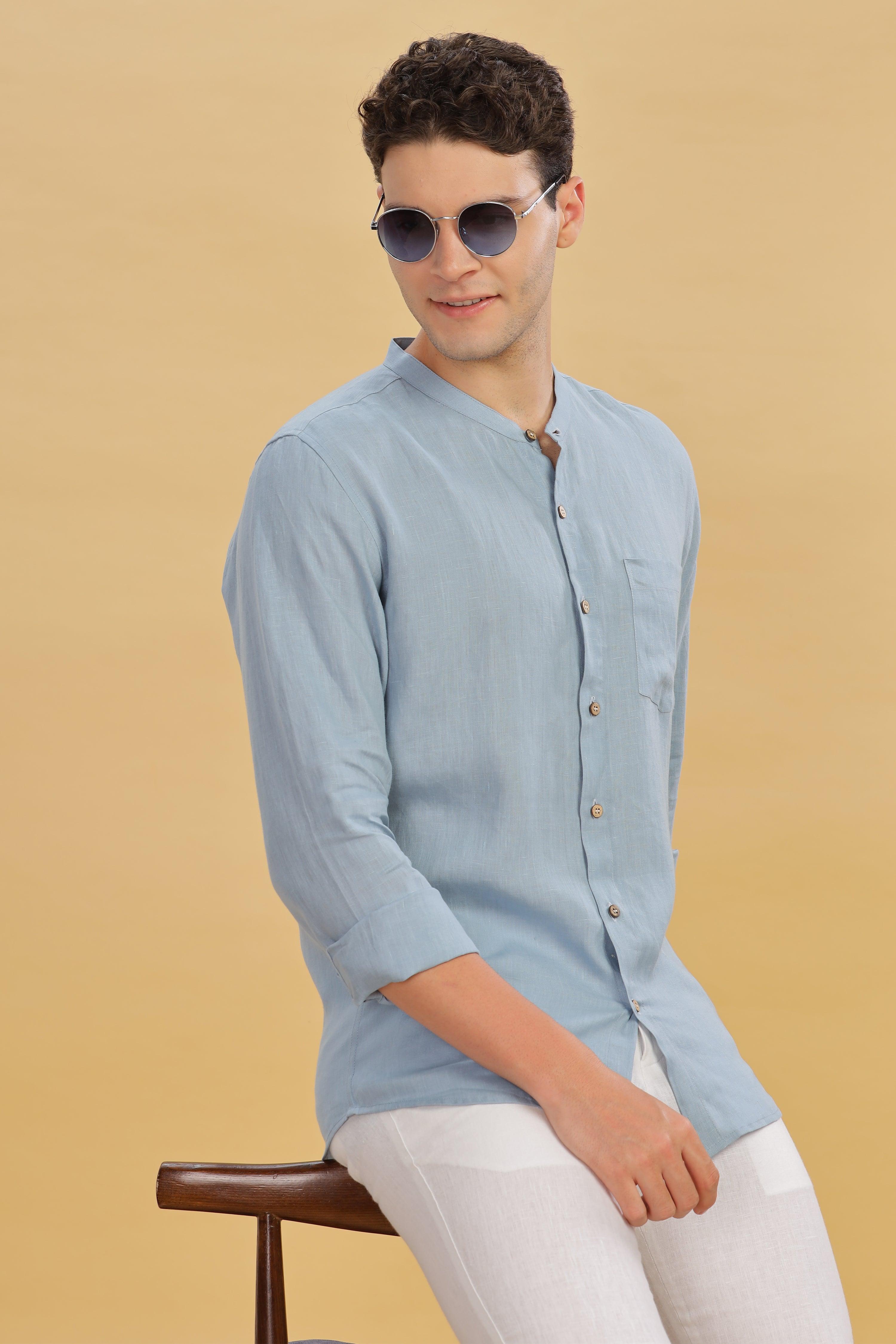 HAN - Pure Linen Mandarin Collar Light Blue Grey Shirt