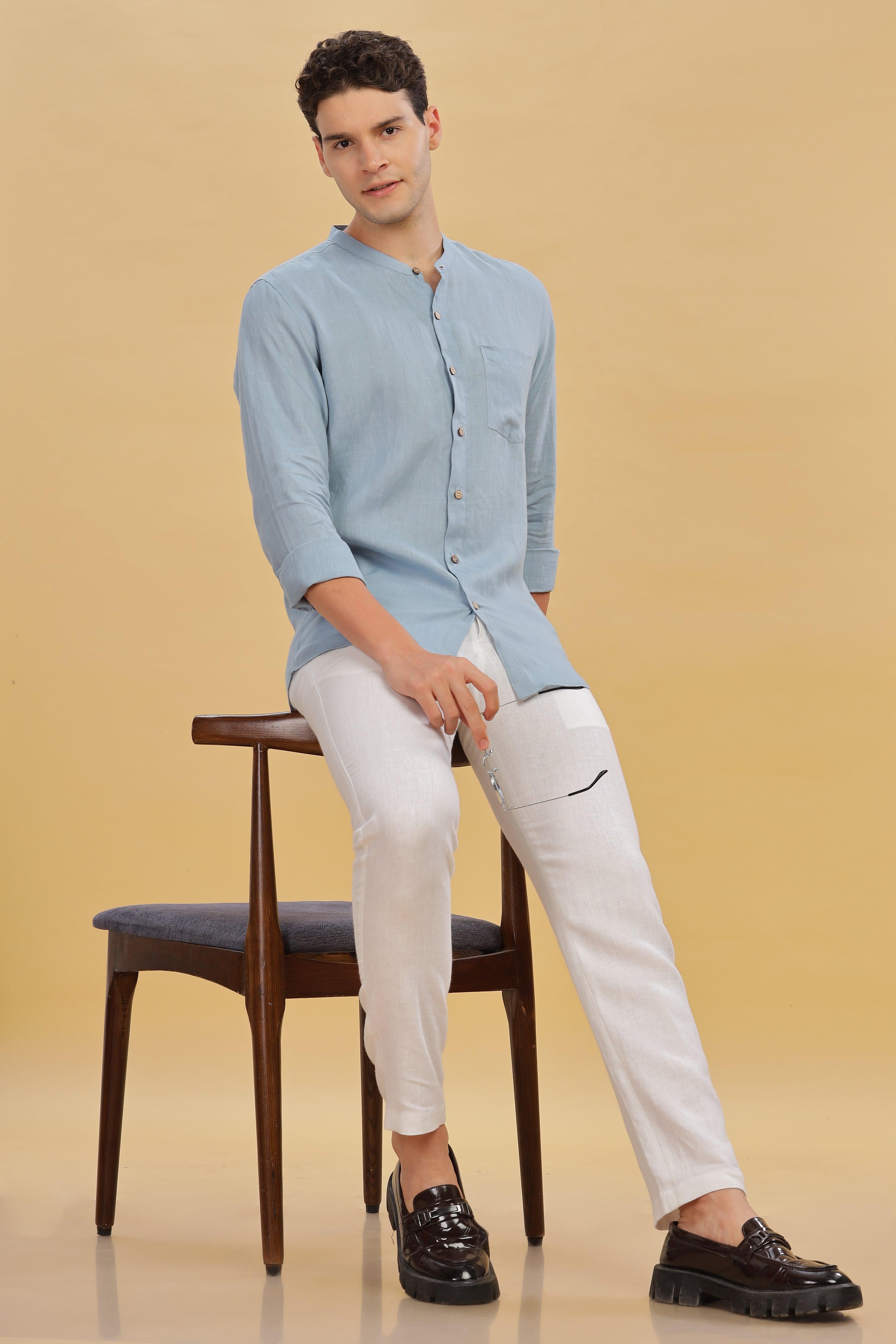 HAN - Pure Linen Mandarin Collar Light Blue Grey Shirt