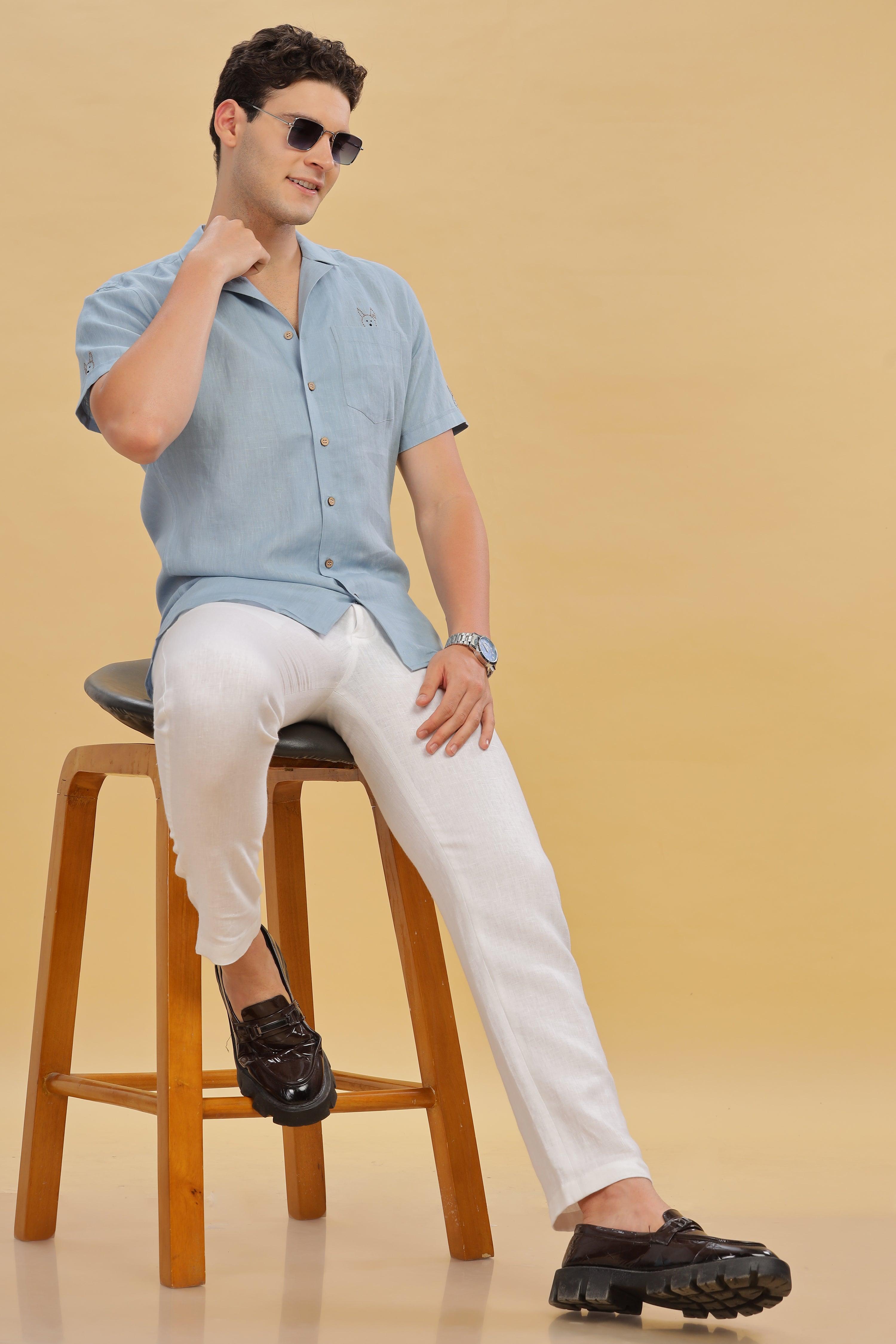 RIO - Embroidered 100% Pure Linen Cuban Collar Light Blue Grey Shirt