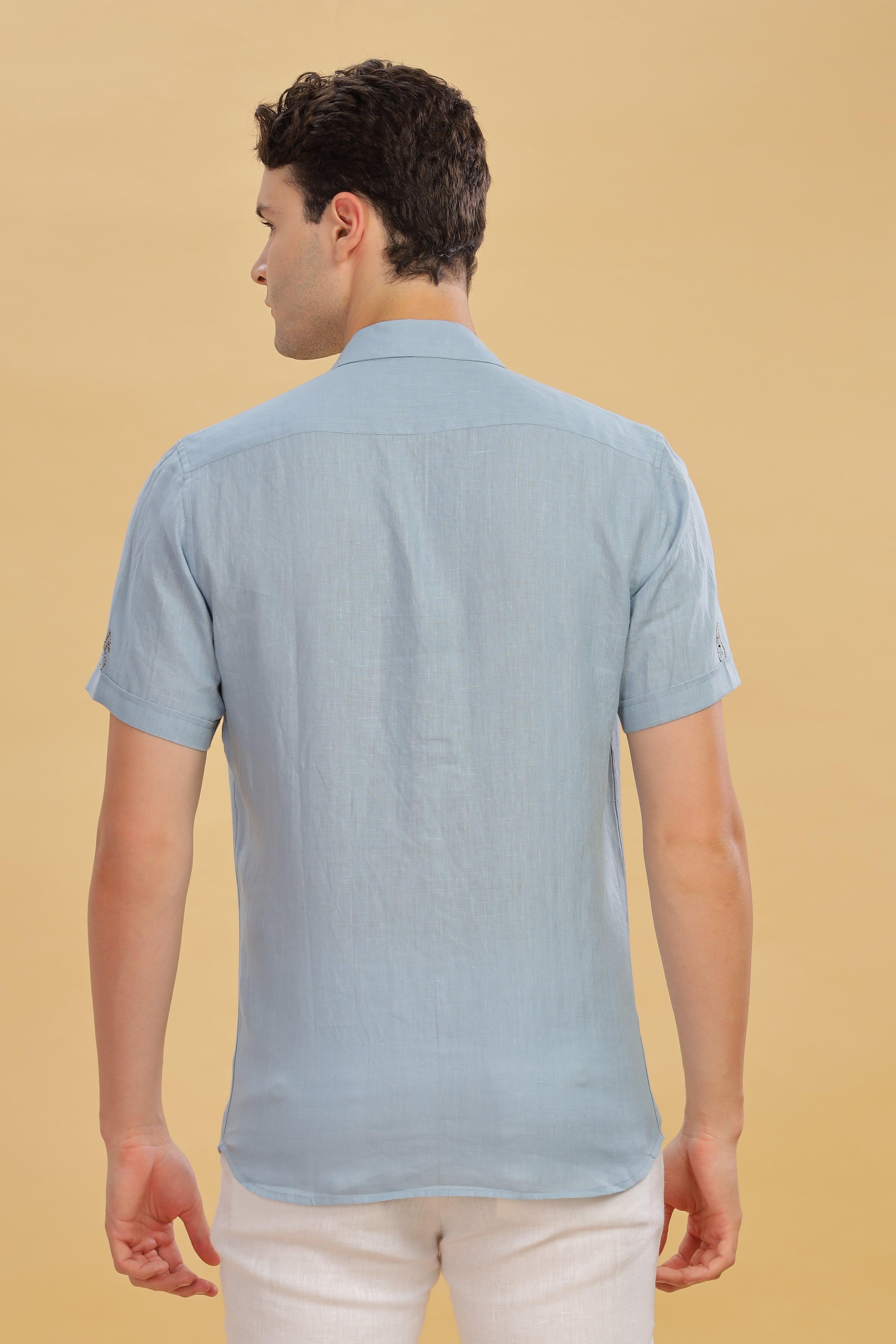 RIO - Embroidered 100% Pure Linen Cuban Collar Light Blue Grey Shirt