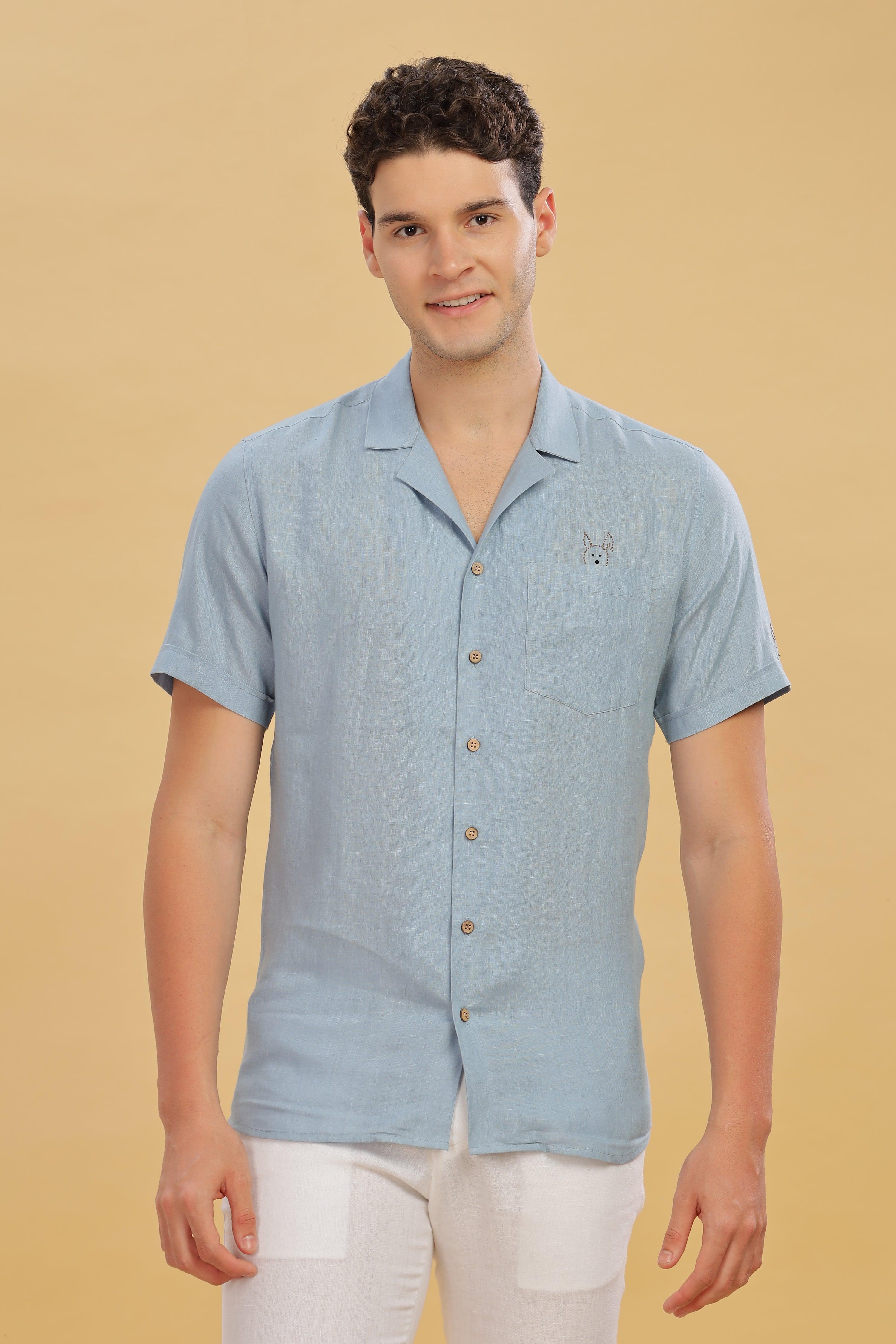 RIO - Embroidered 100% Pure Linen Cuban Collar Light Blue Grey Shirt