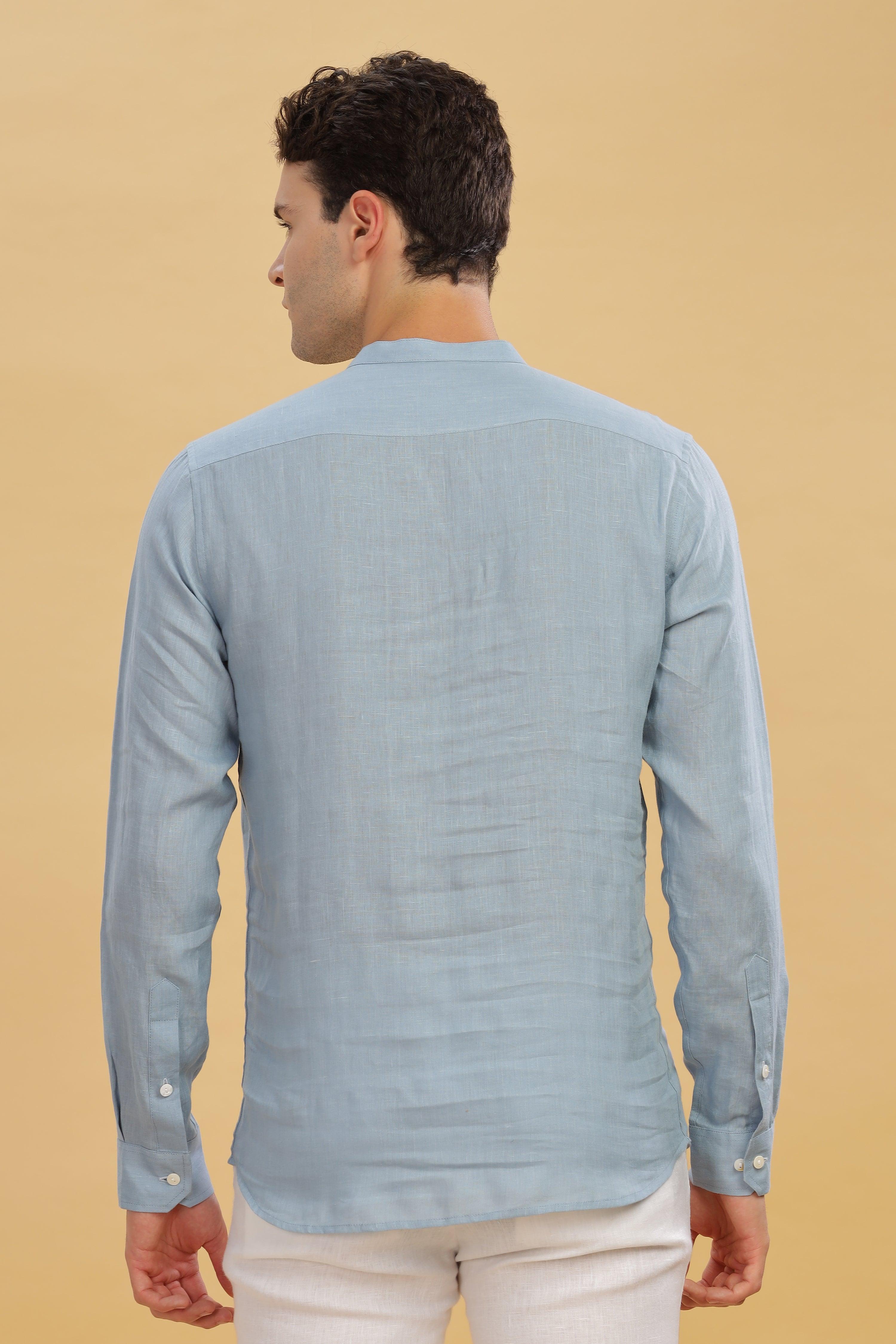 MILANO -Pure Linen Bird Embroidery Light Blue Grey Shirt