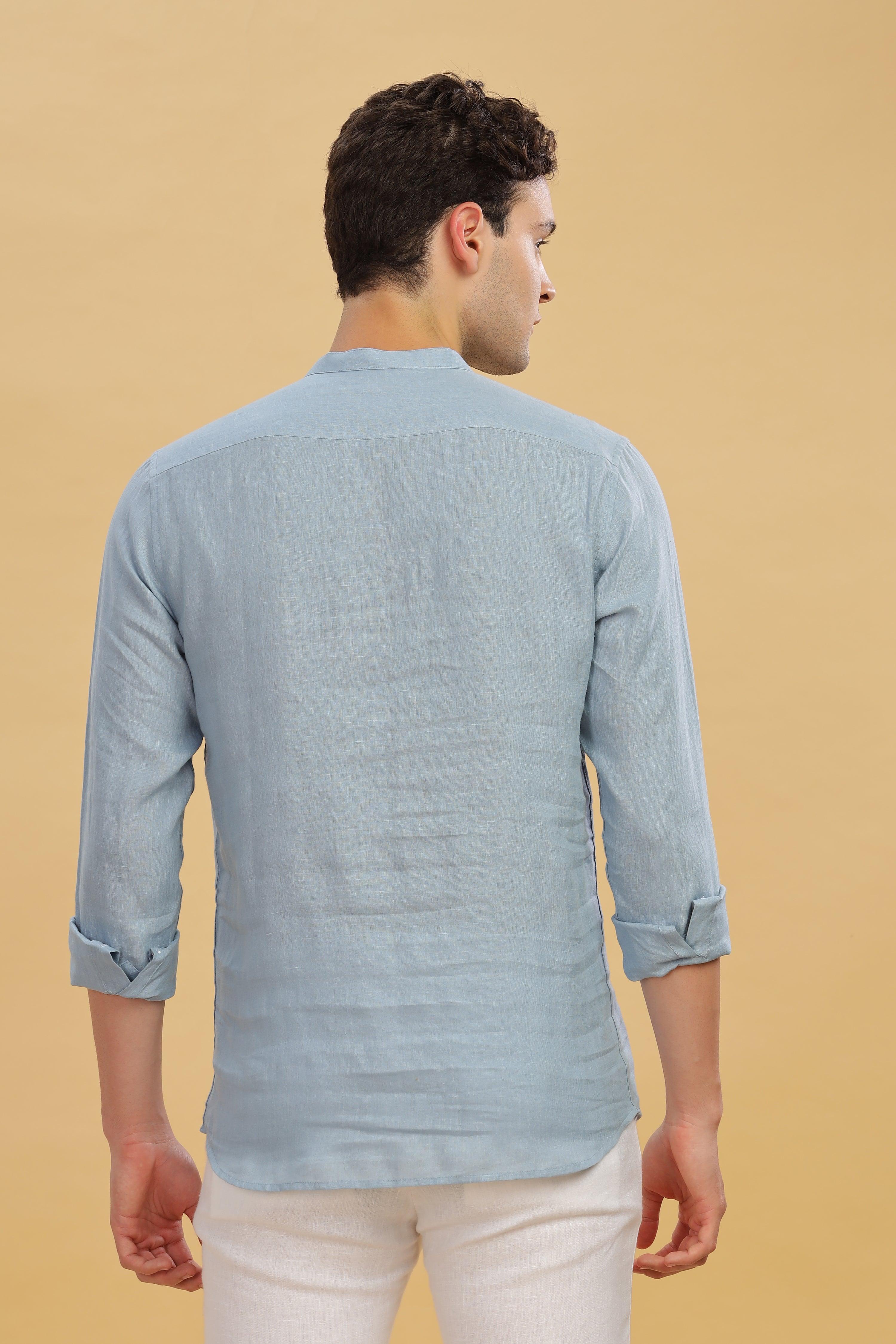 MILANO -Pure Linen Bird Embroidery Light Blue Grey Shirt
