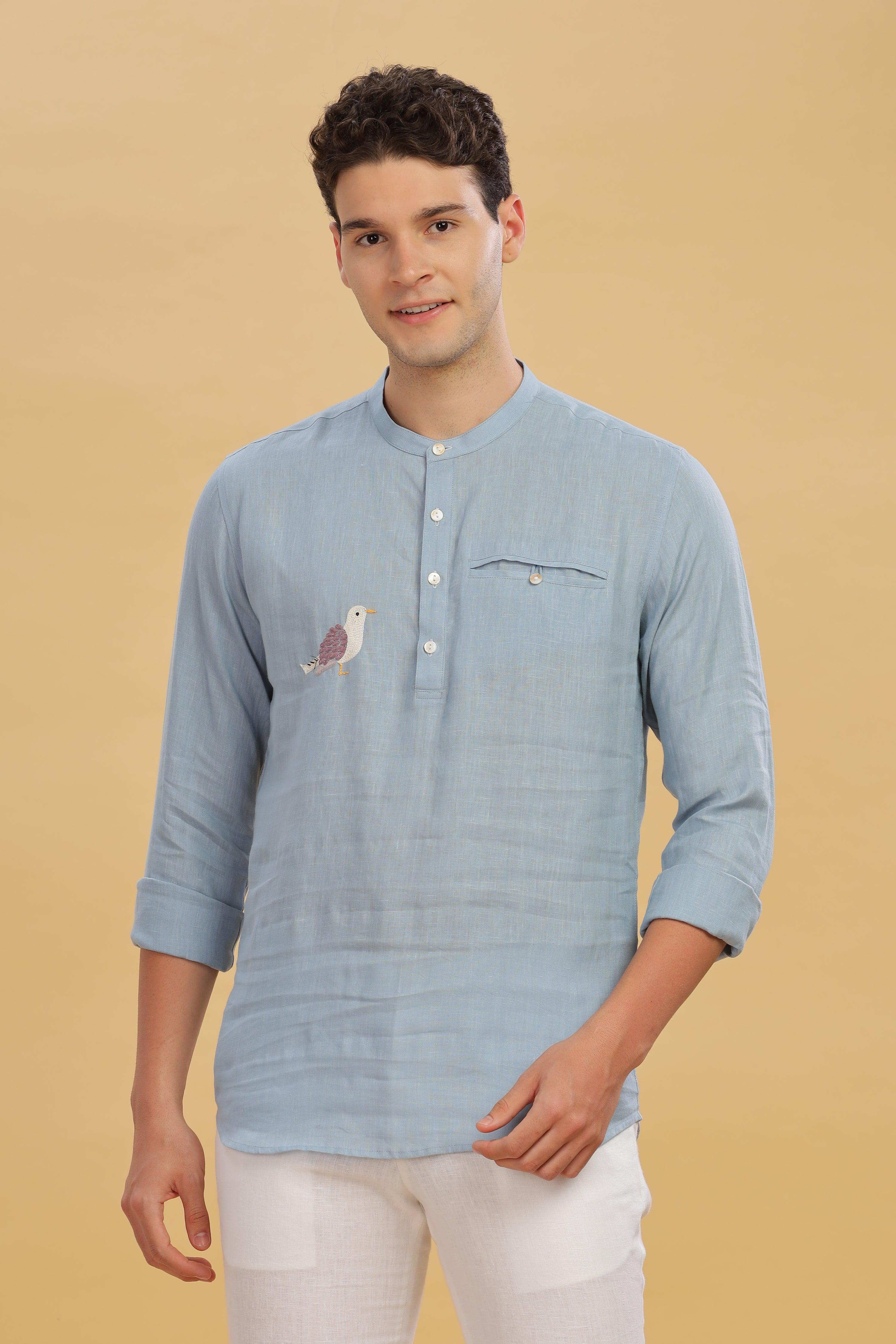 MILANO -Pure Linen Bird Embroidery Light Blue Grey Shirt
