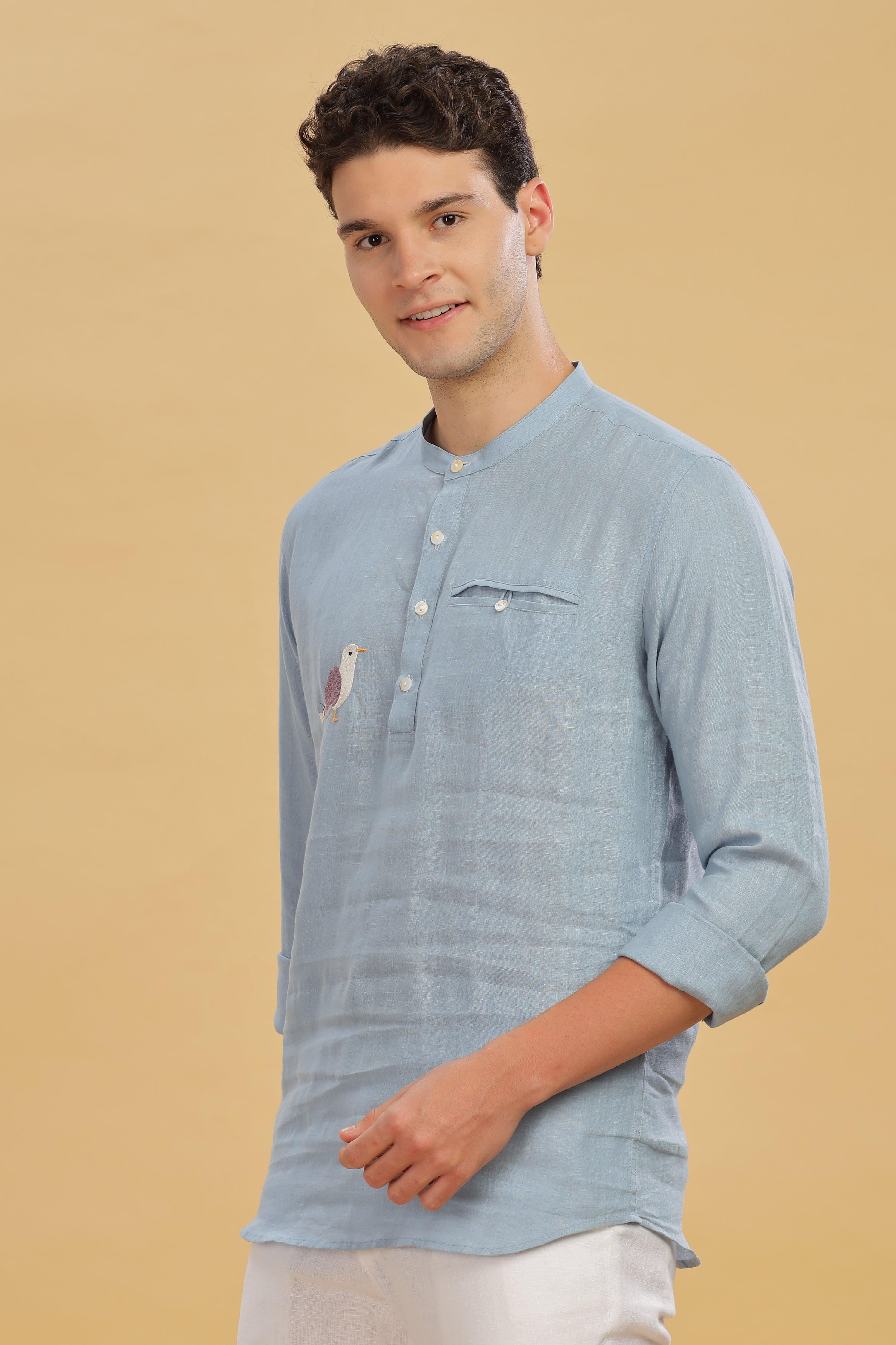 MILANO -Pure Linen Bird Embroidery Light Blue Grey Shirt